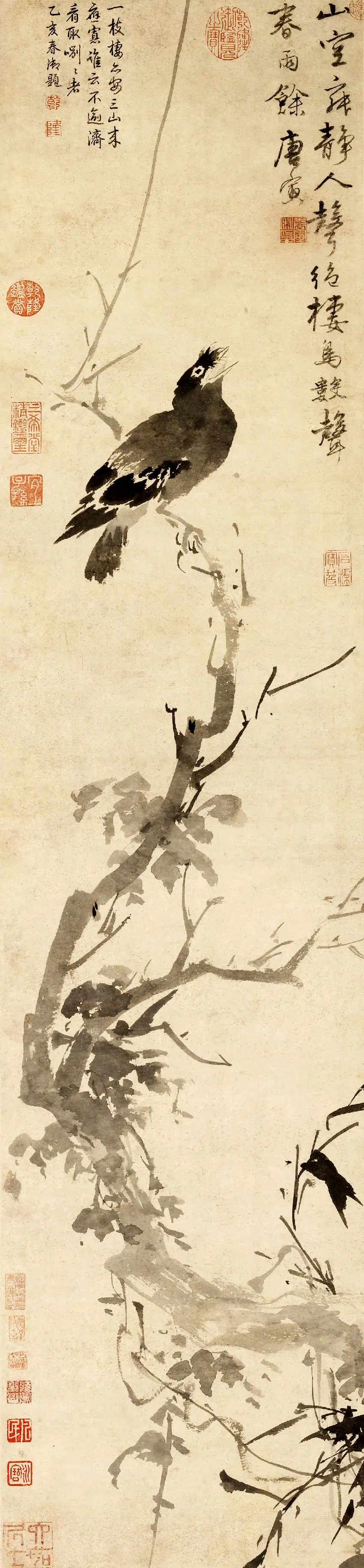 明朝【唐寅-伯虎】《古槎鸜鹆图轴》