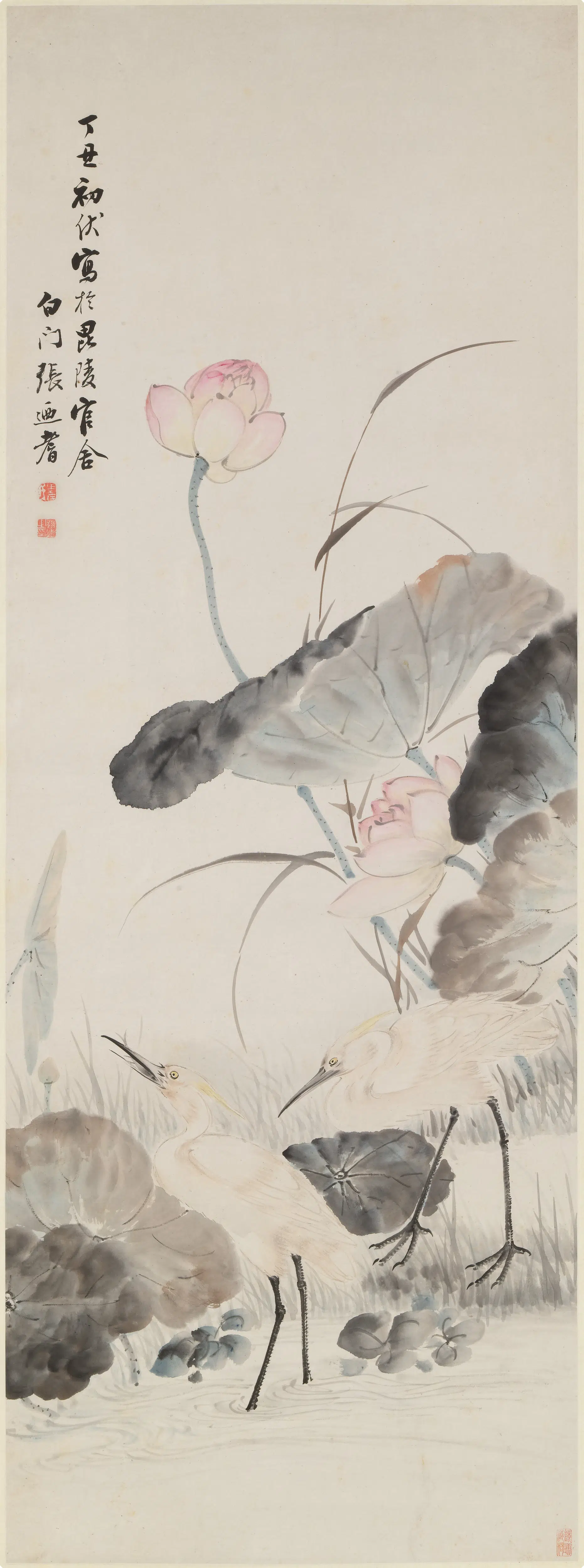 清代【张廼耆（张迺耆）】《荷花鹭鶅图轴》