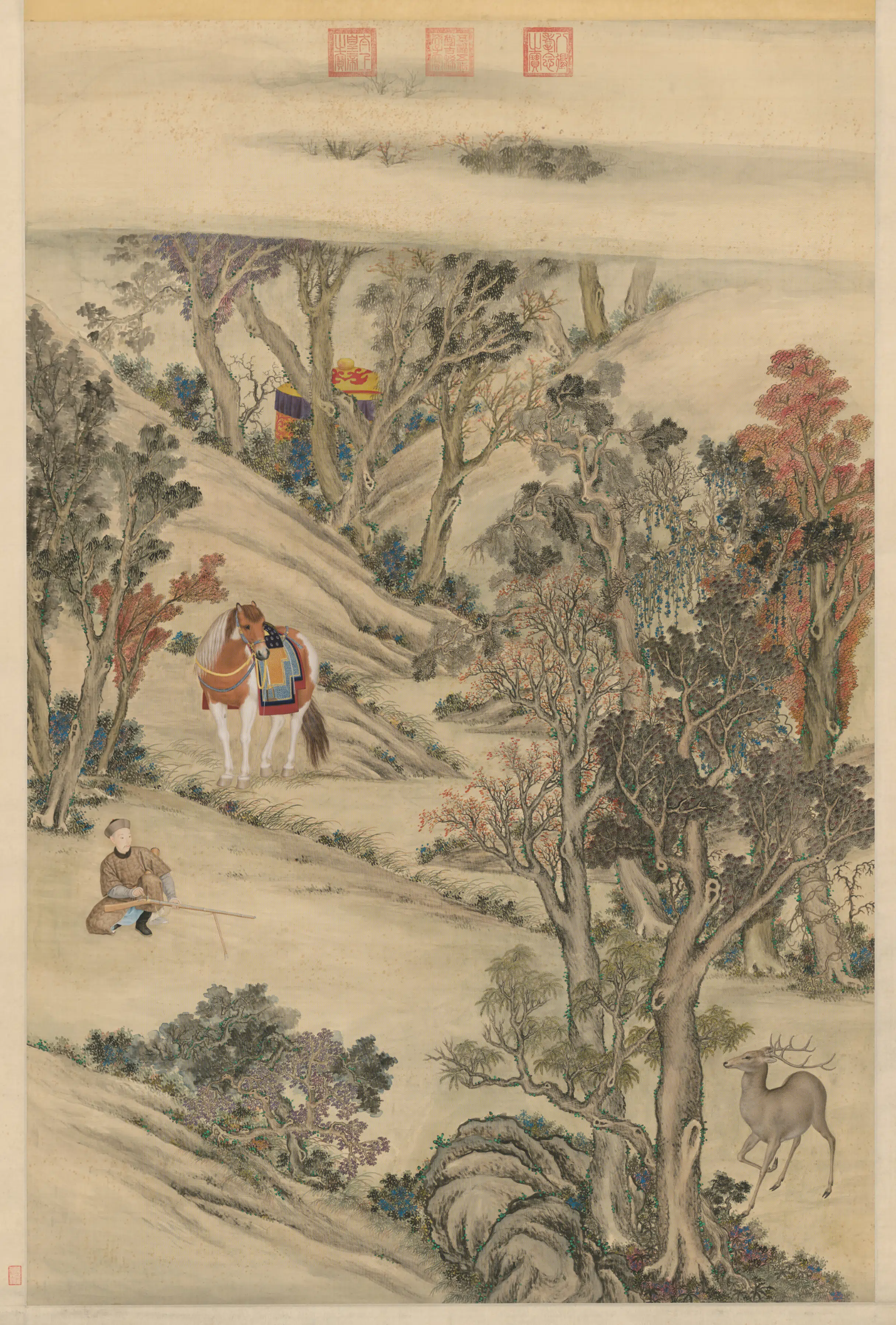 清代【爱新觉罗弘历-乾隆-清高宗】《清人画弘历击鹿图像轴》