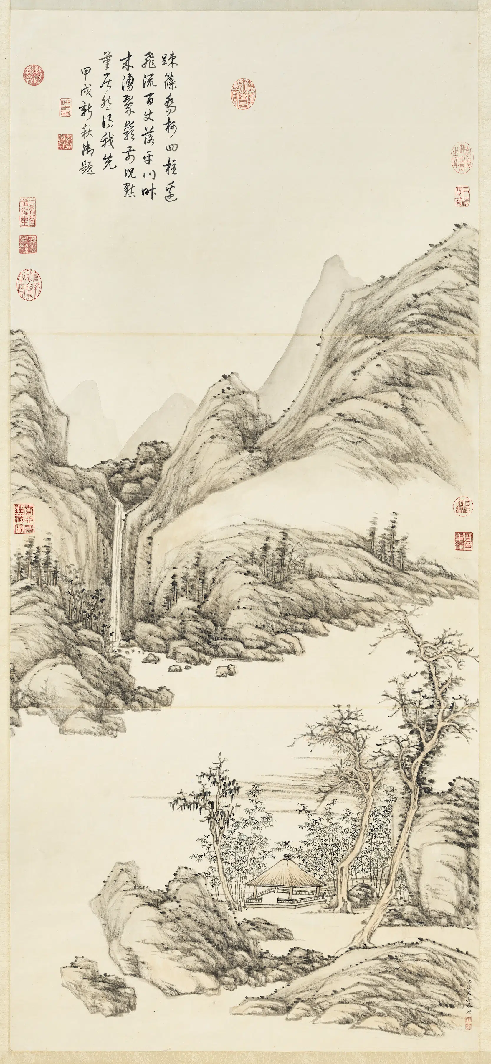 清代【张宗苍】《竹亭观瀑图轴》