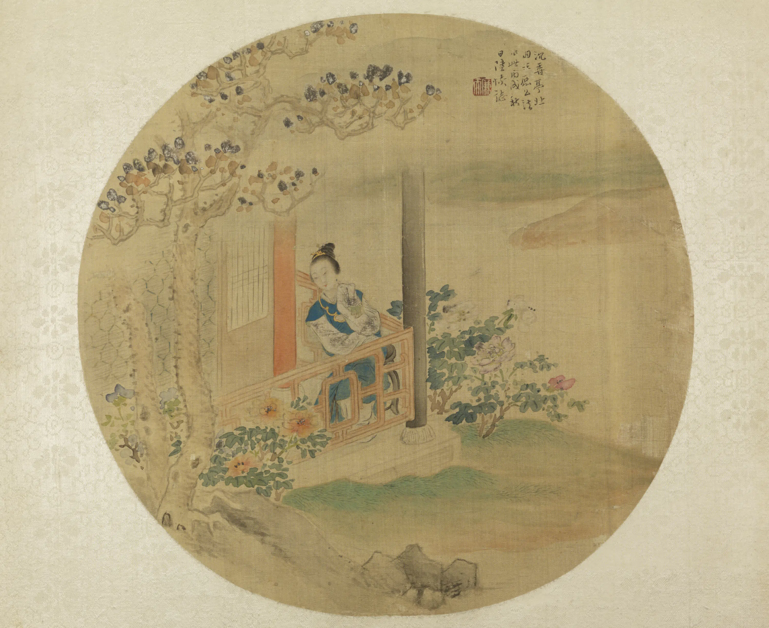 清代【陆恢】《玉兰仕女纨扇页》