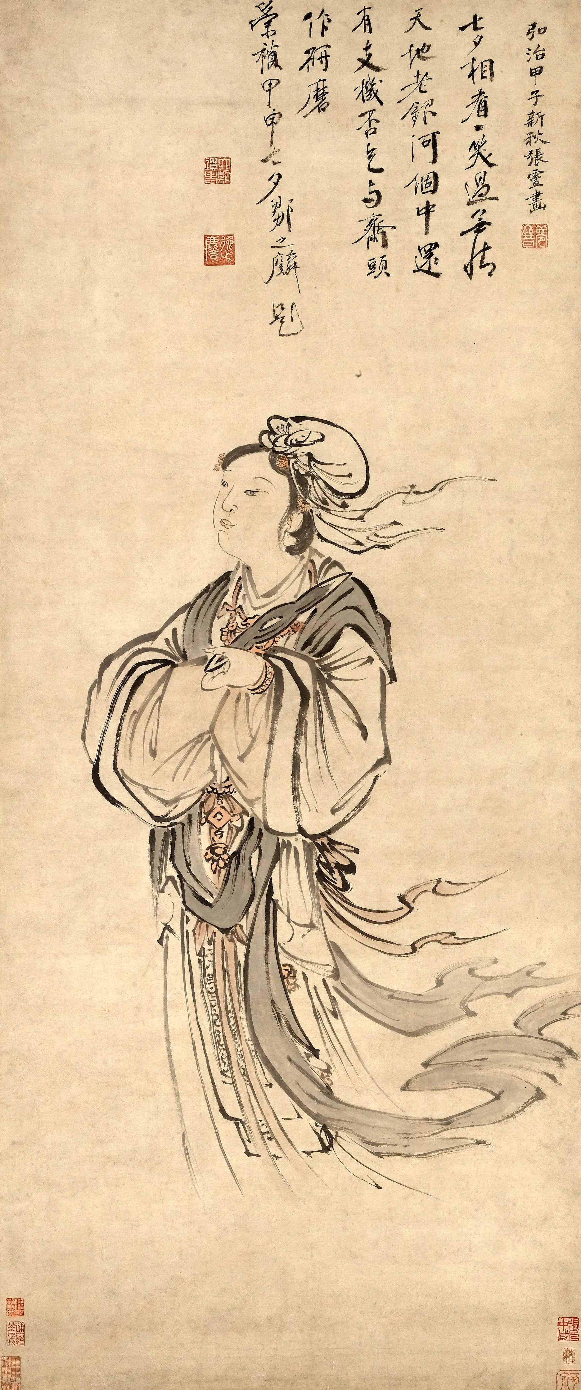 明朝【张灵】《织女图轴》