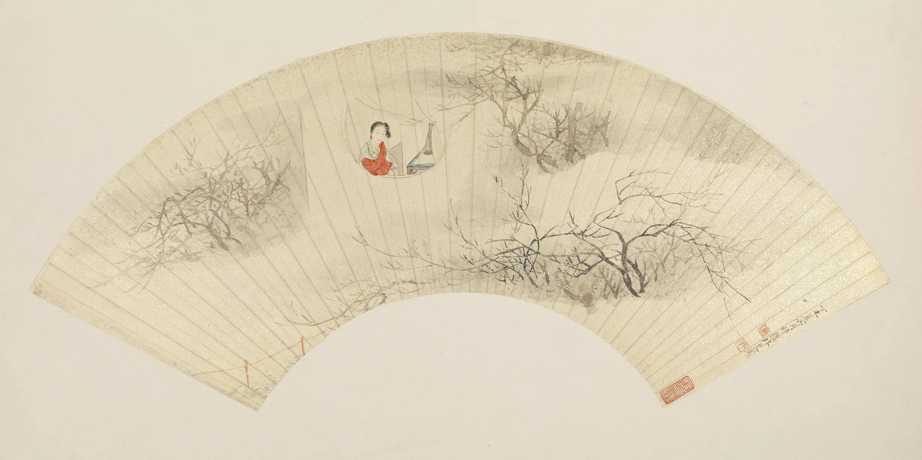 清代【费丹旭】《梅花仕女扇》