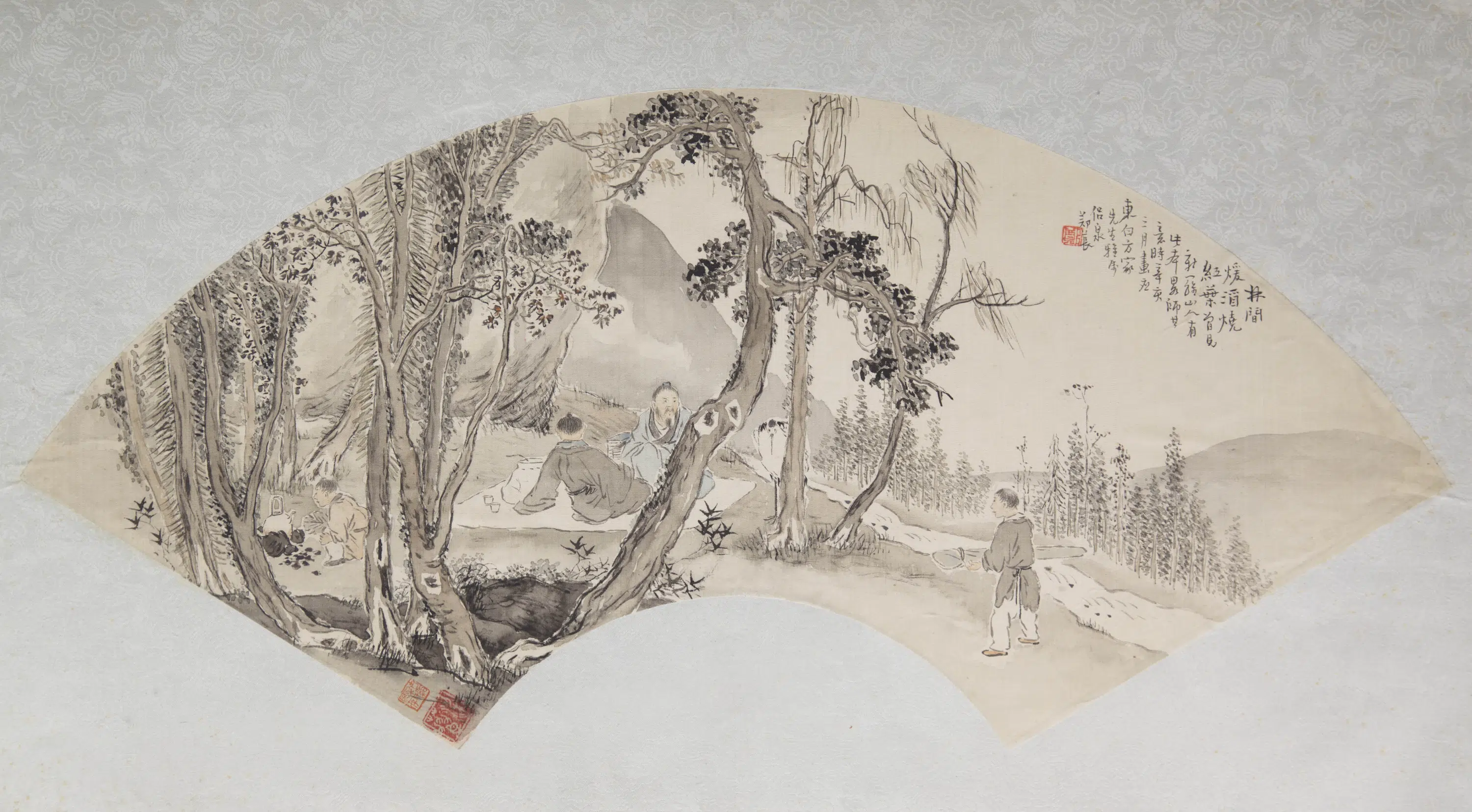 清代【赵焞夫】《郑苌林间煖酒烧红叶扇面》
