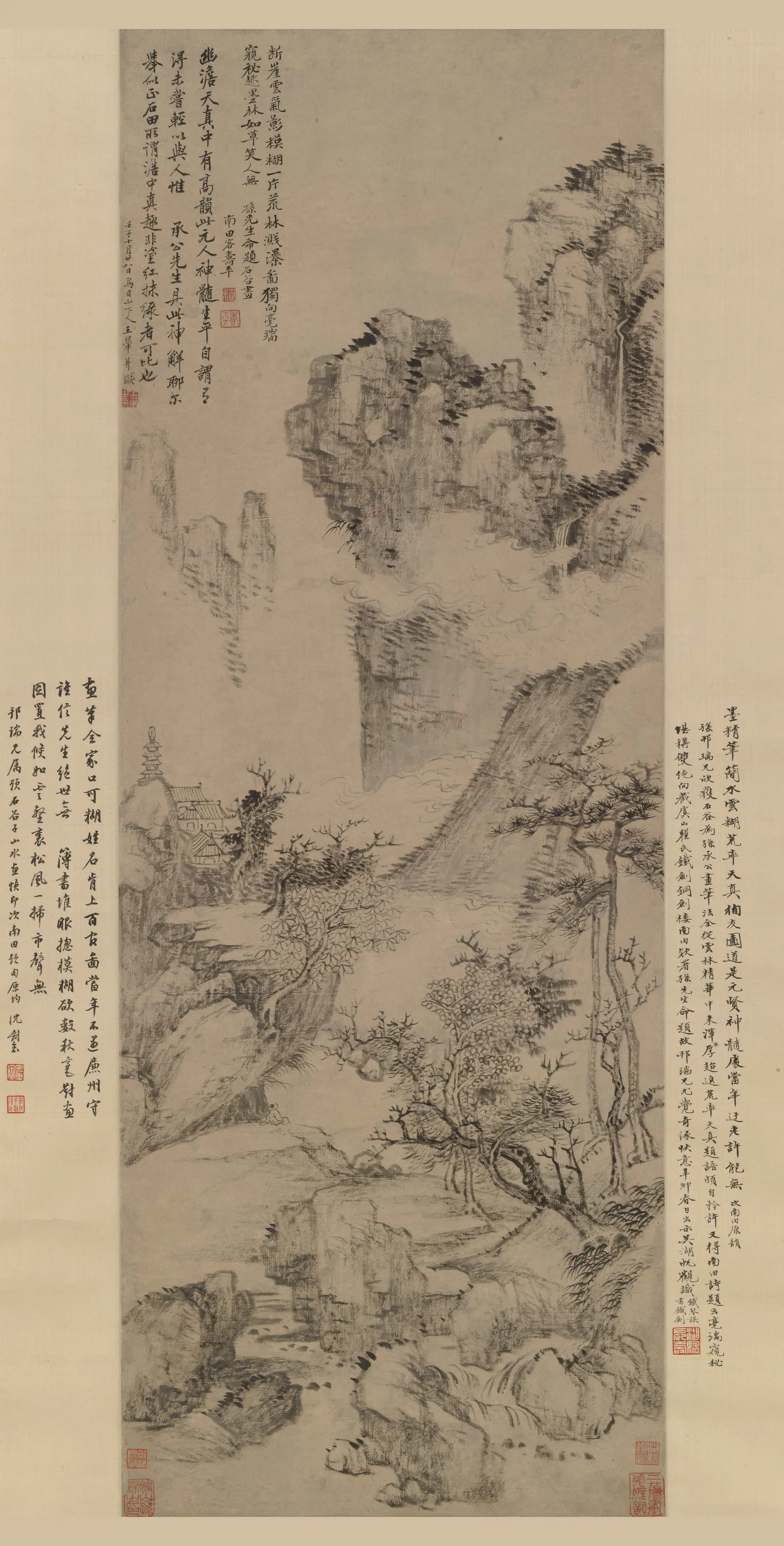 清代【王翚】《荒林溅瀑图轴》