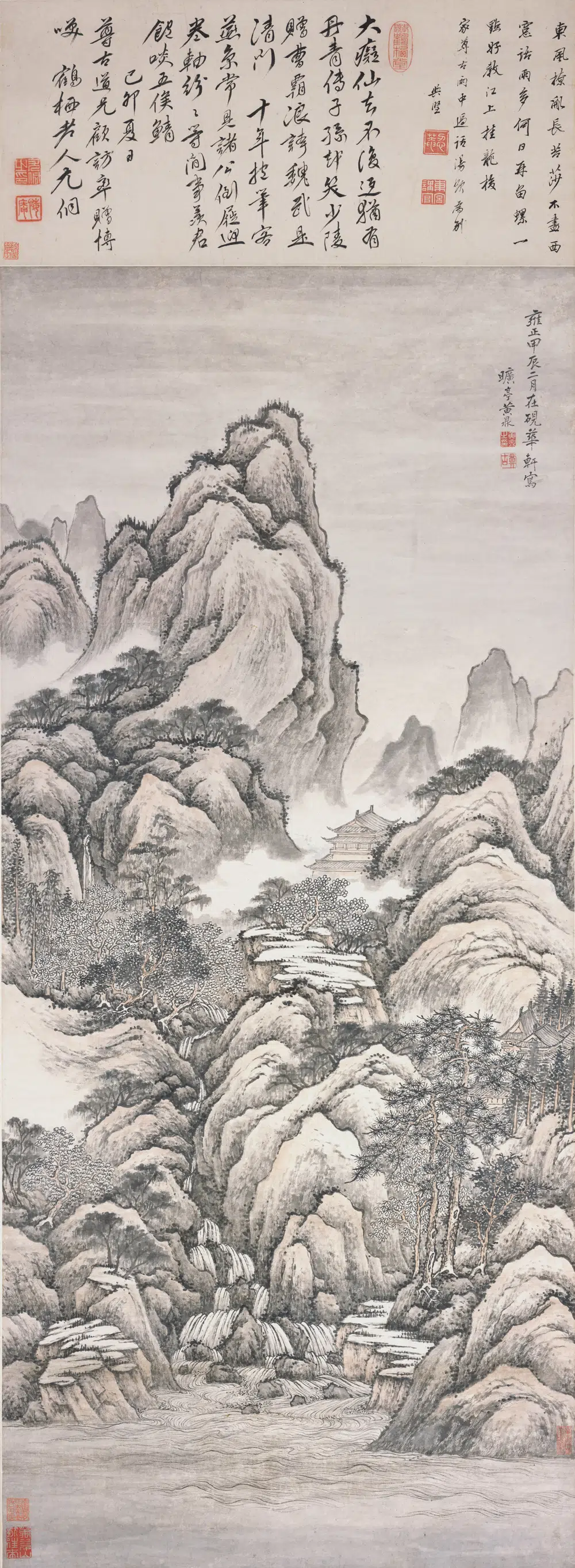 清代【黄鼎】《秋山萧寺图轴》