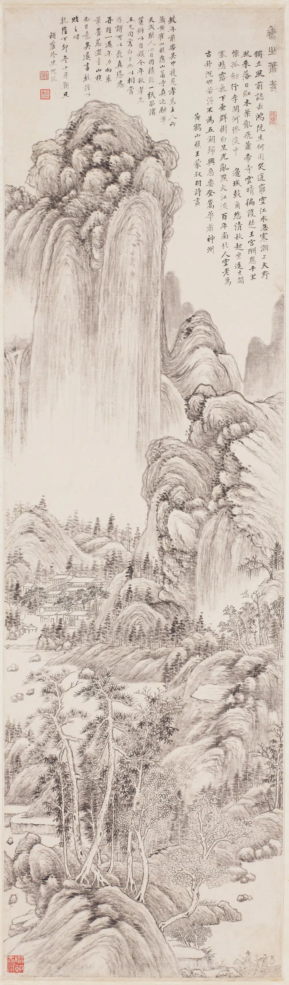 清代【沈凤】《临王蒙秋山萧寺图轴》