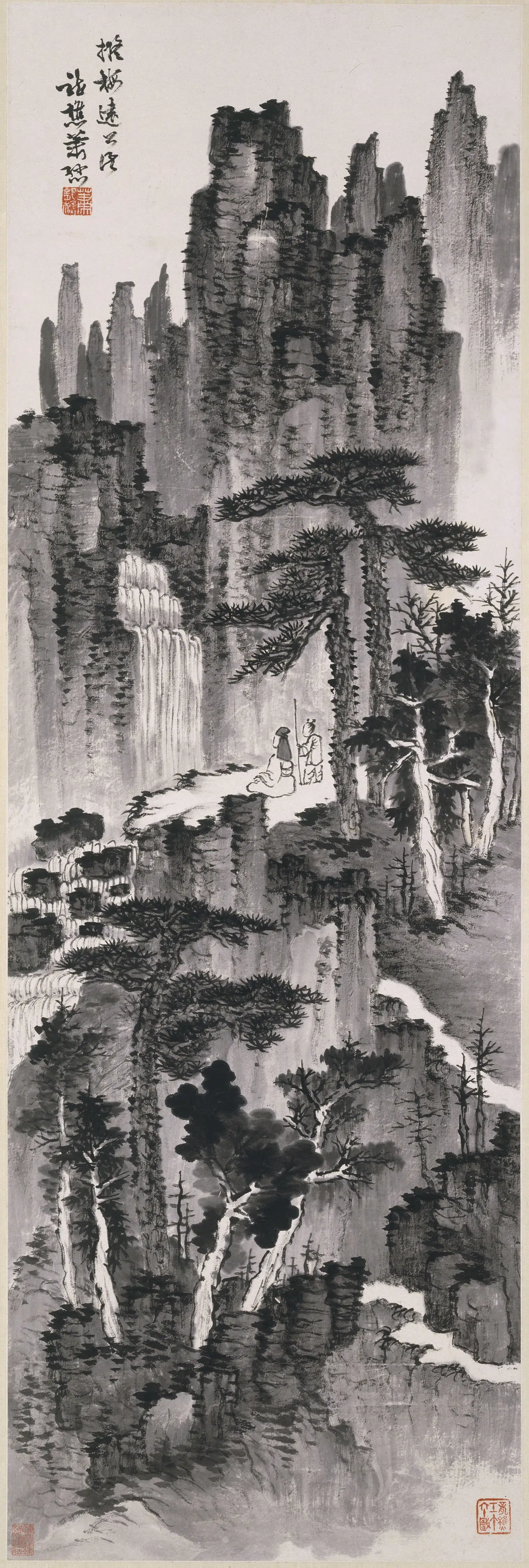 近现代【萧愻】《溪观瀑图轴》 第1张