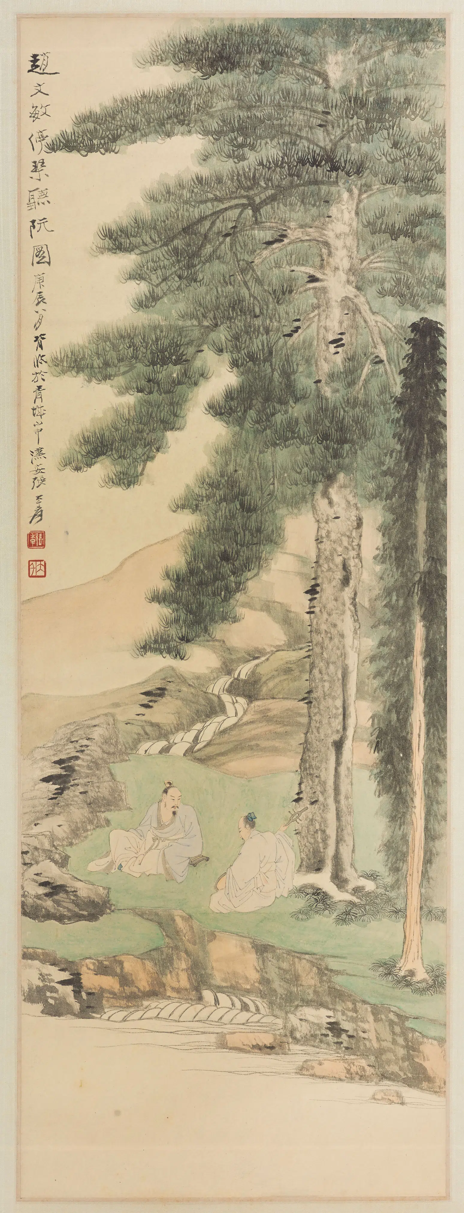 近现代【张大千】《临赵孟頫停琴听阮图轴》