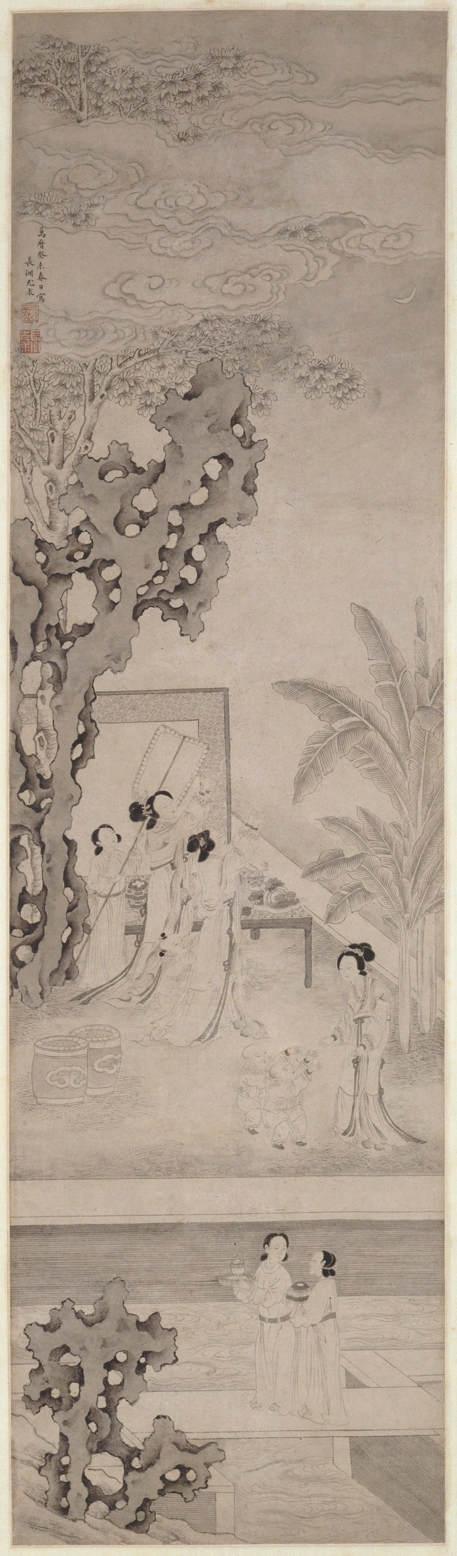 明朝【尤求】《白描七夕穿针图轴》