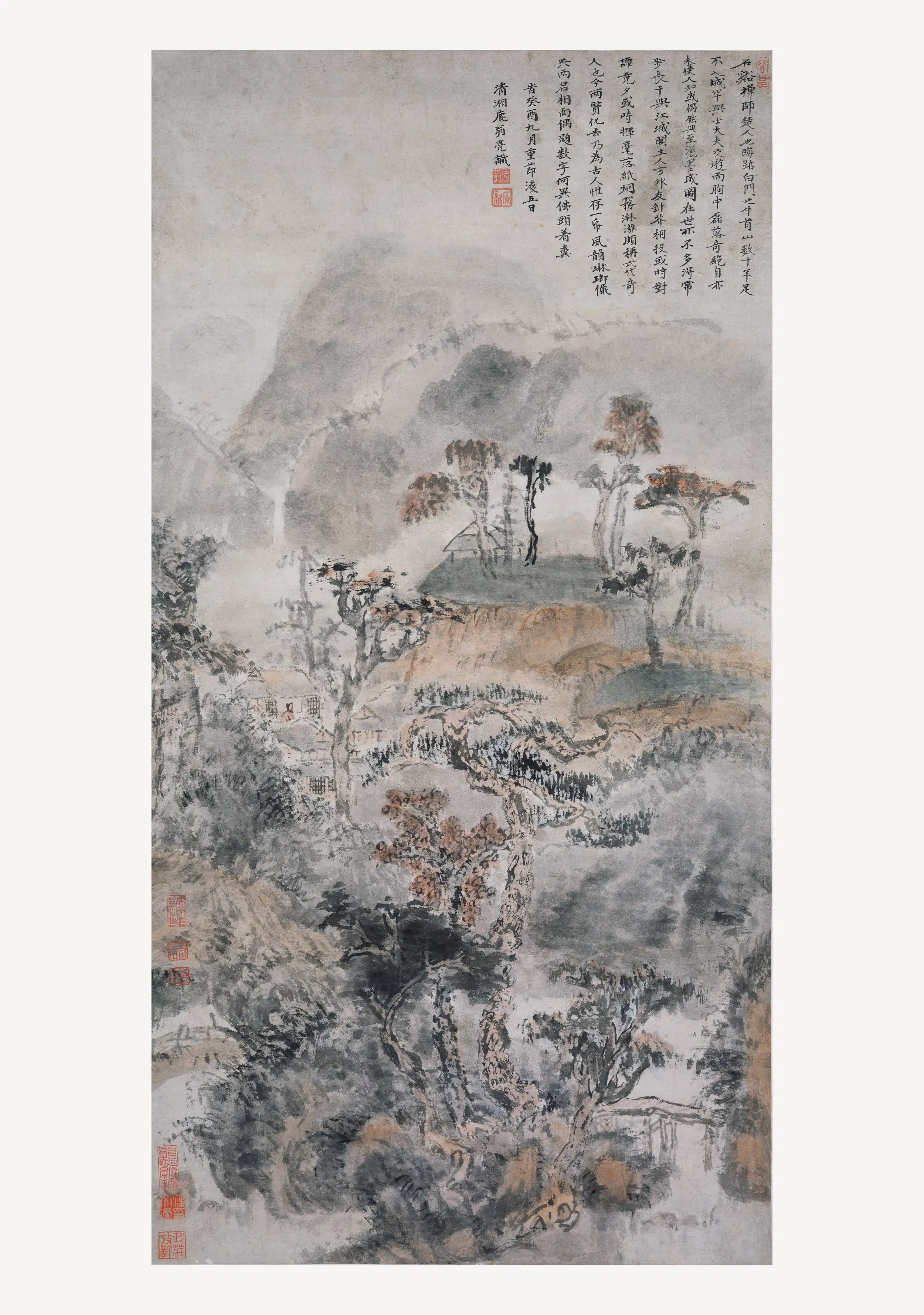 清代【髡残(石谿)】《山楼秋色图轴》
