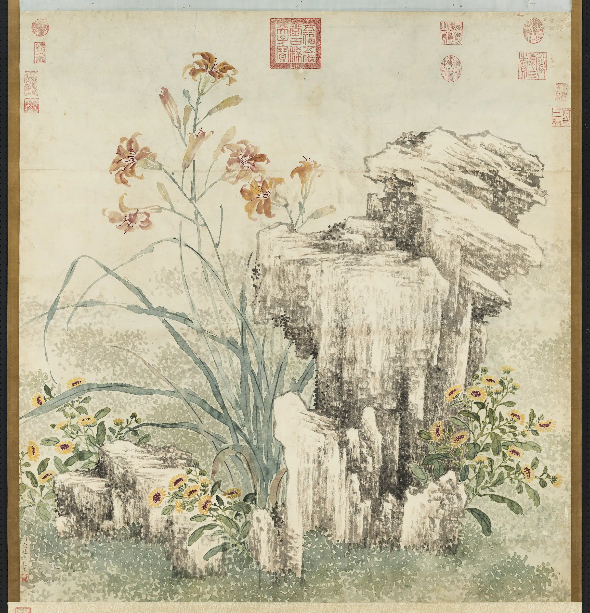 清代【金廷标】《画萱（蘐）花寿石图轴》
