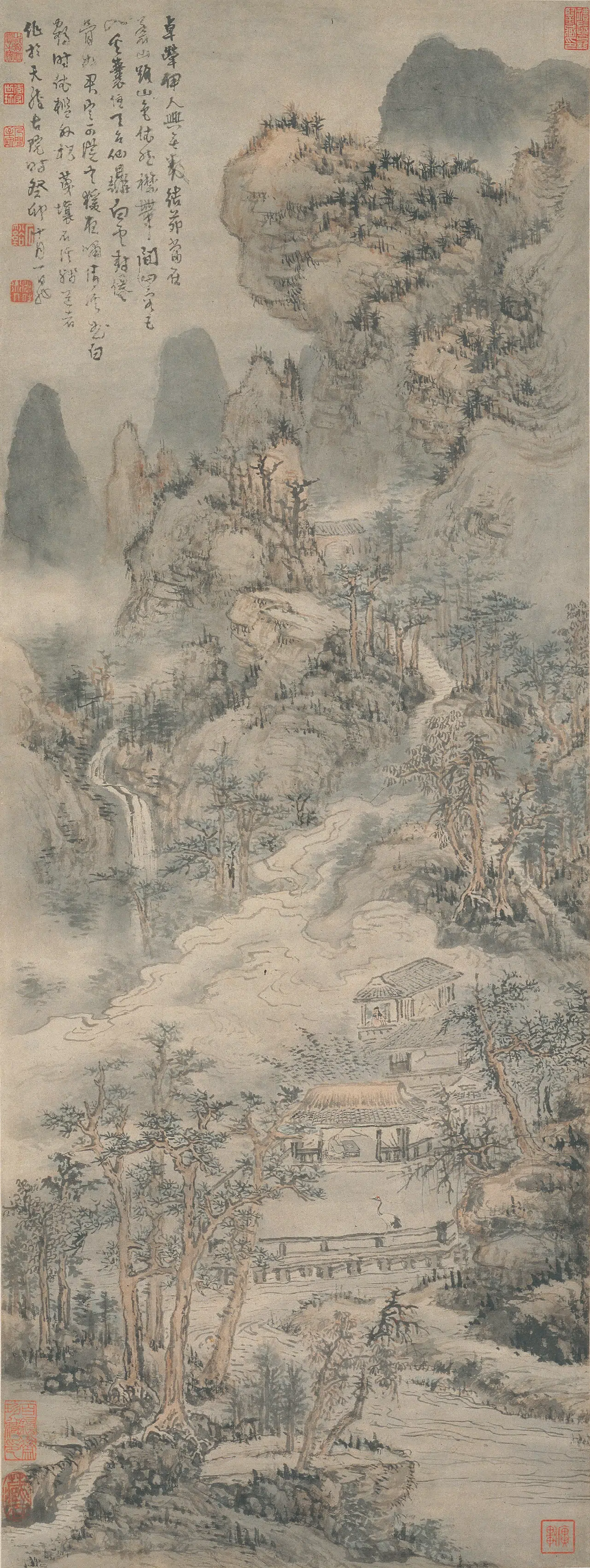 清代【髡残(石谿)】《苍山结茅图轴》