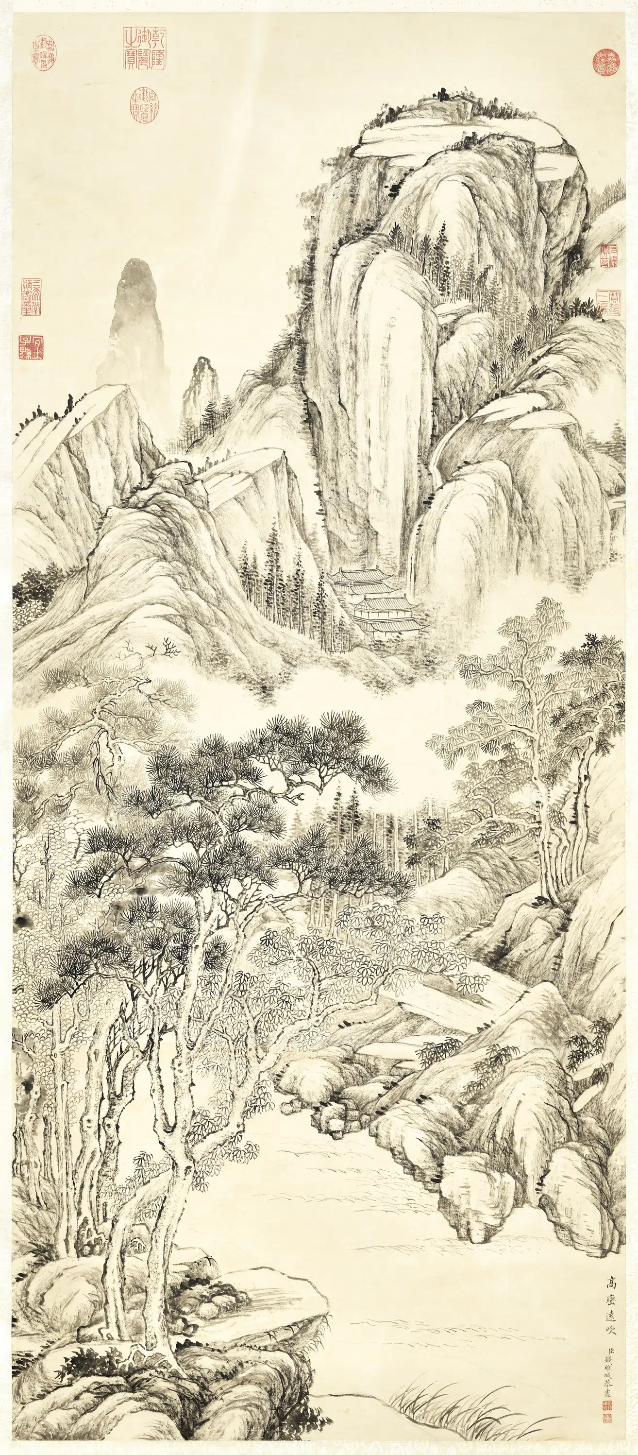 清代【钱维城】《画高峦远吹图轴》