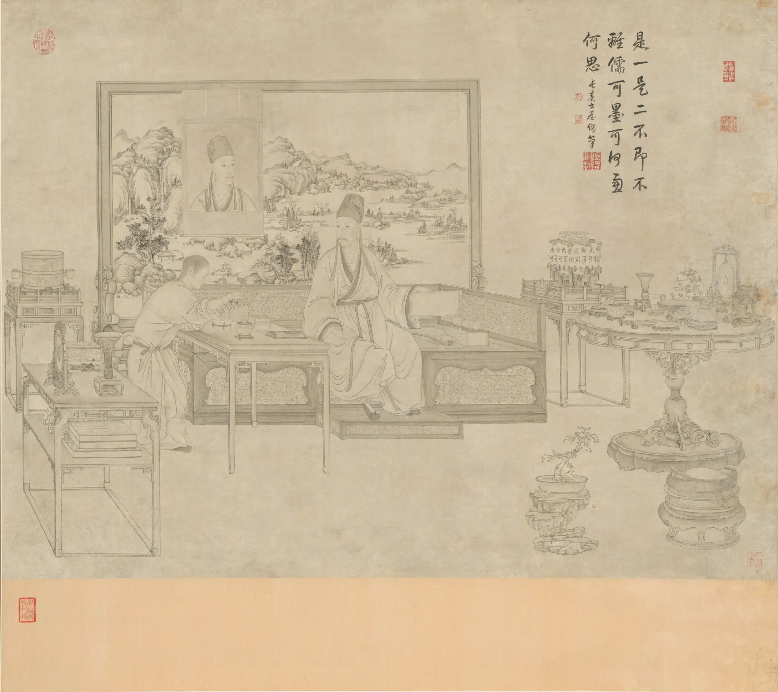 清代【姚文瀚】《画弘历鉴古图像轴》