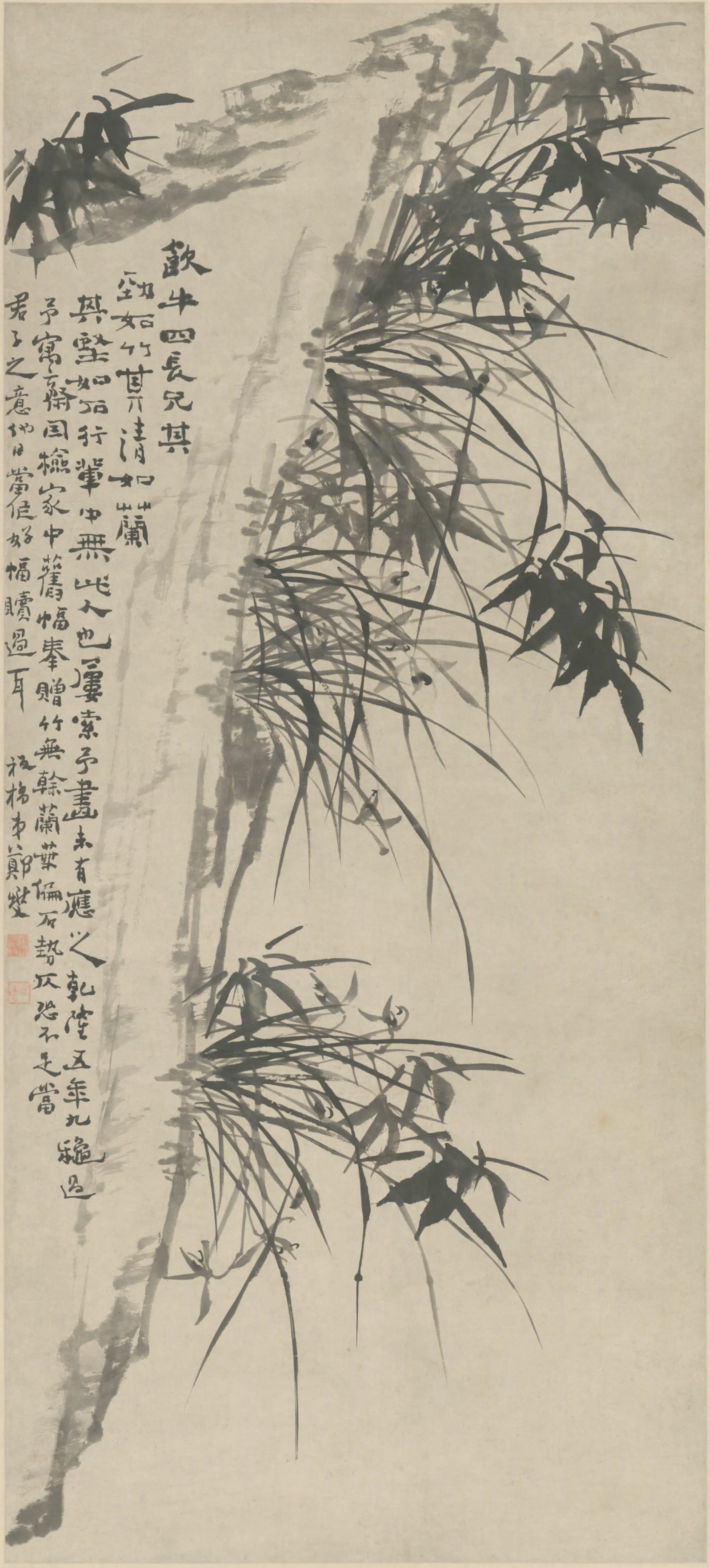清代【郑燮】《悬崖兰竹图轴》