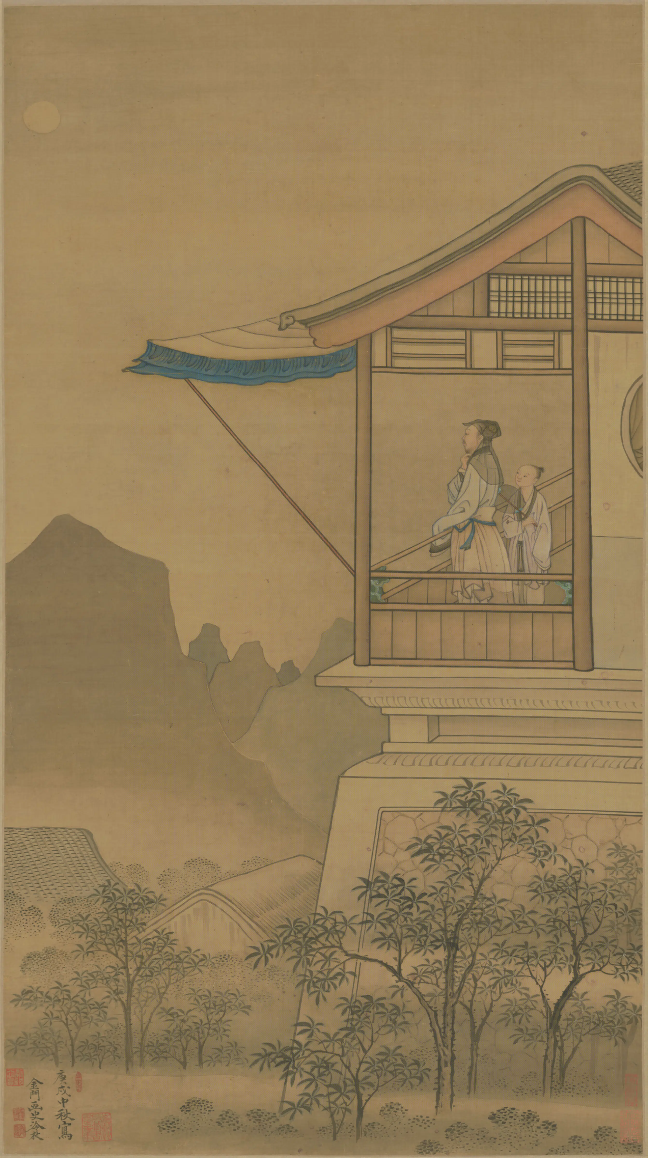 清代【冷枚】《高秋玩月图轴》