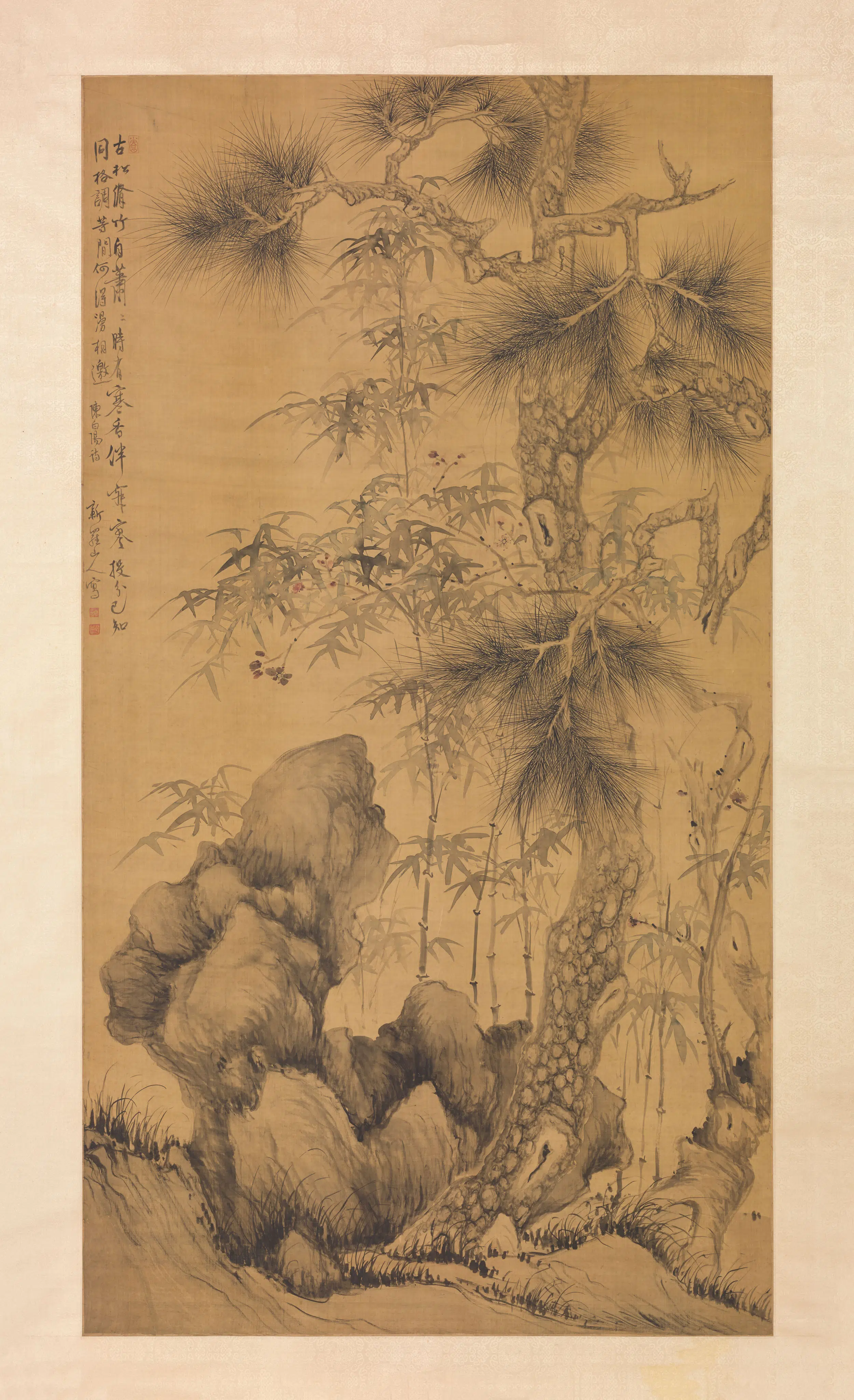 清代【华喦（华岩)】《松竹梅石图轴》
