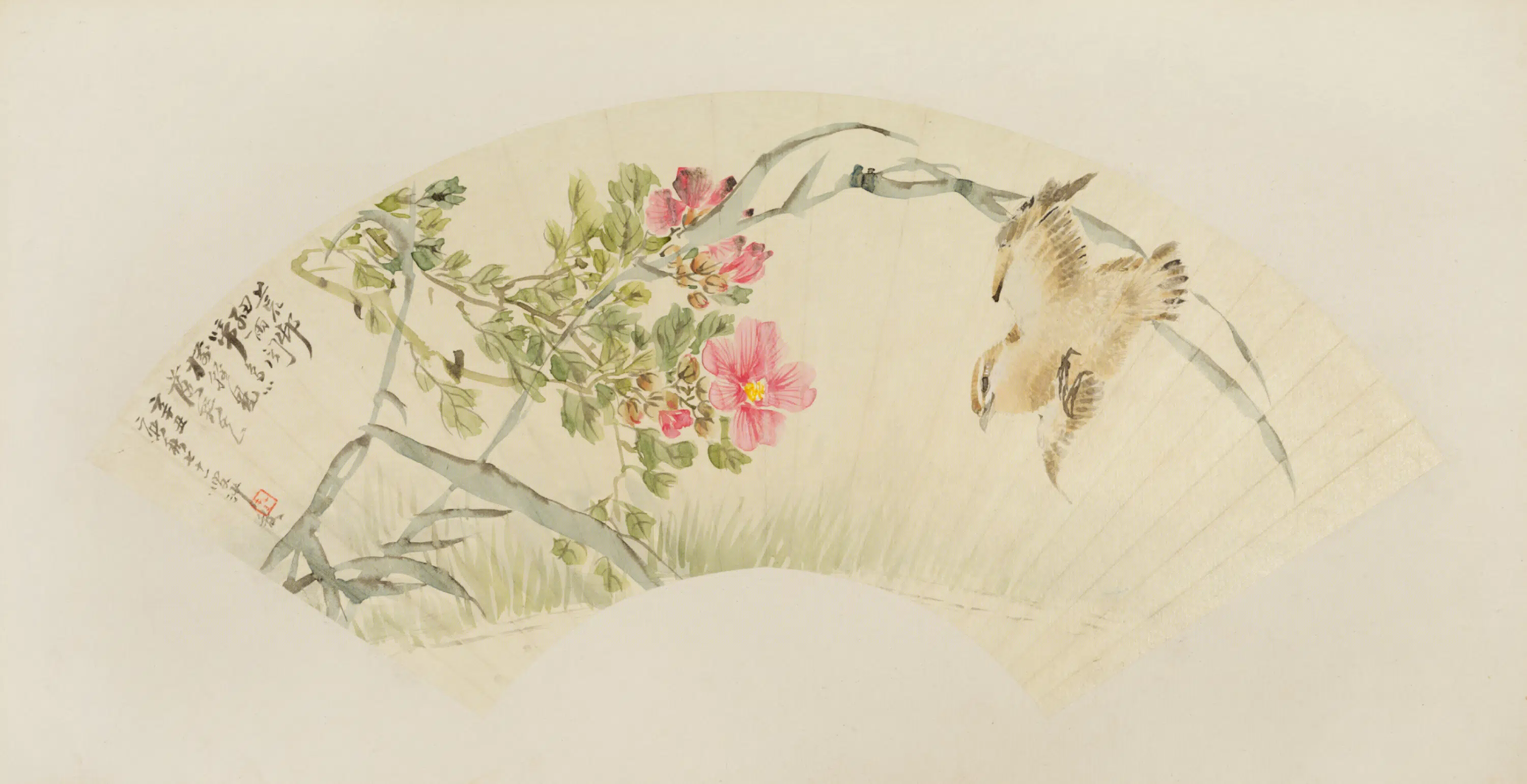 清代【沙馥】《芙蓉幽禽扇页》