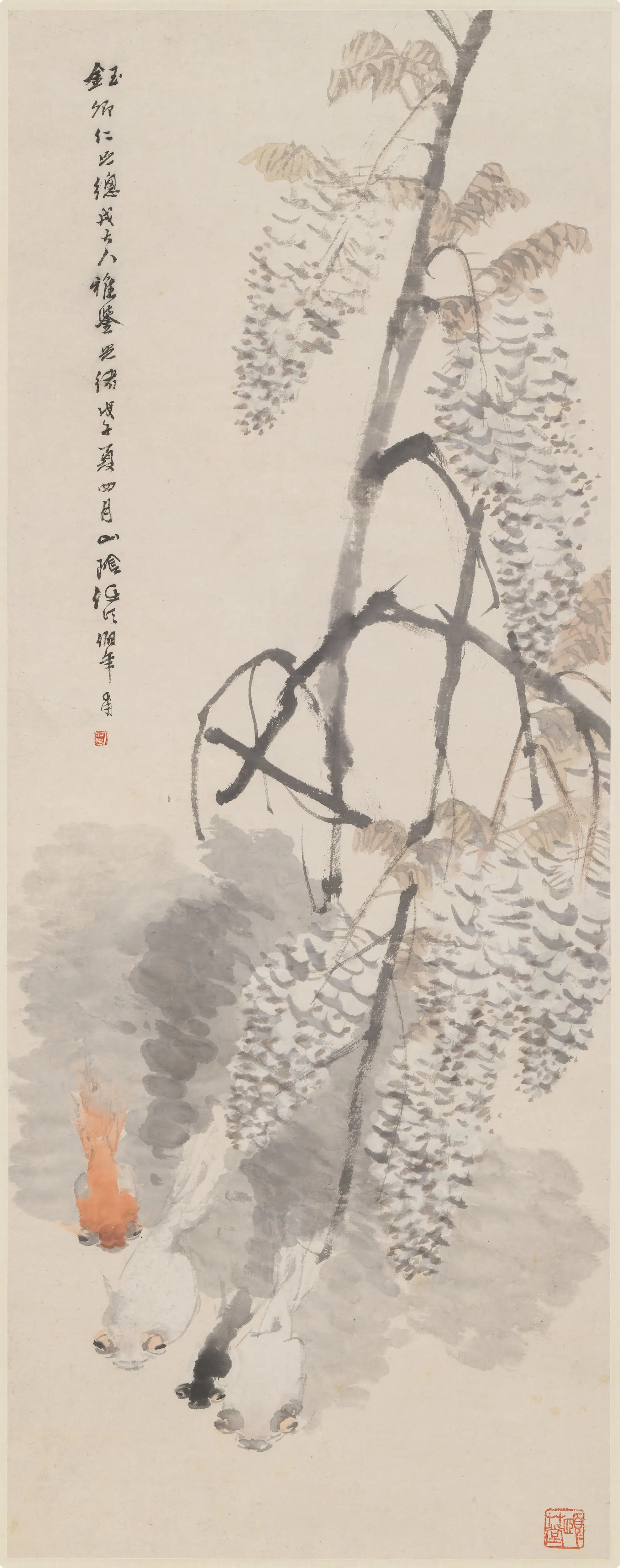 清代【任伯年（任颐）】《紫藤金鱼图轴》