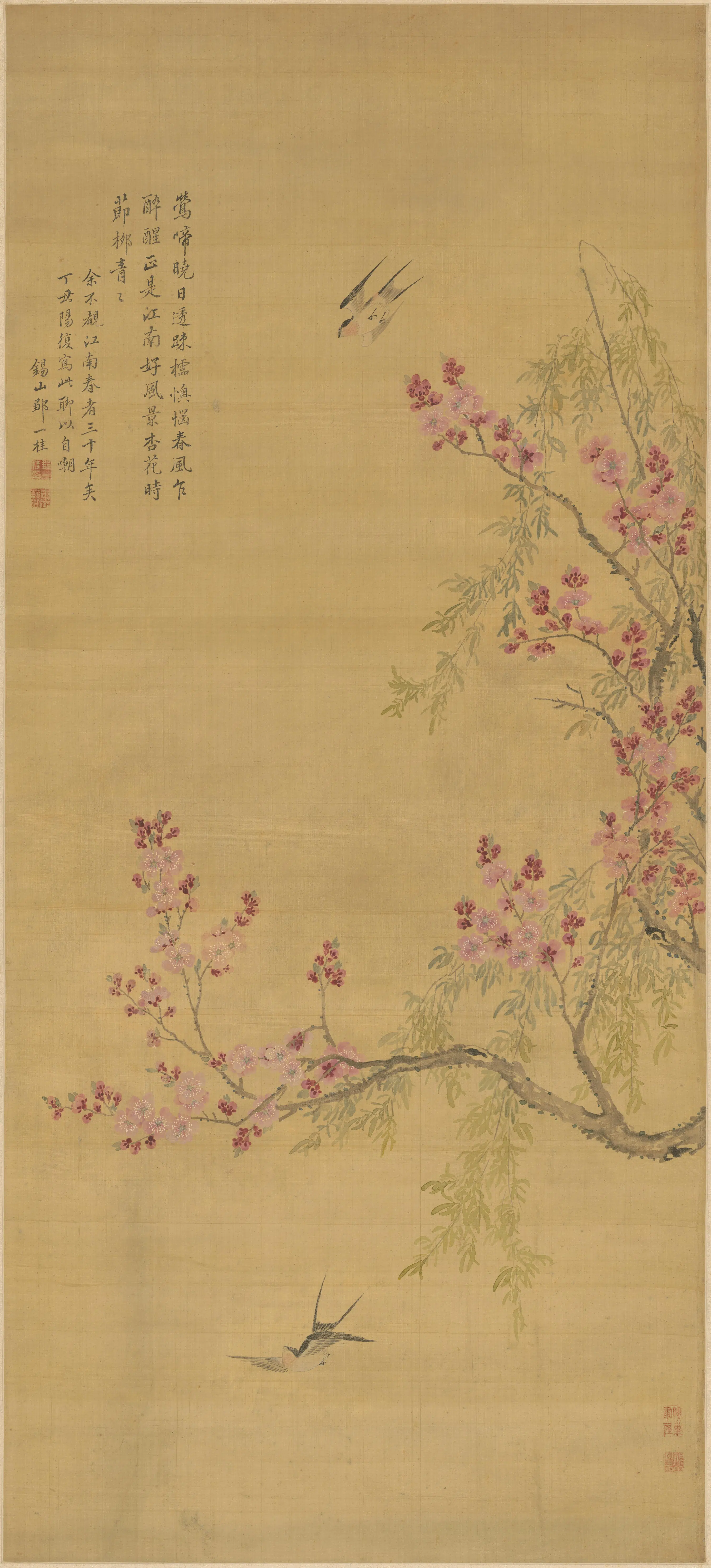 清代【邹一桂】《杏花柳燕轴》