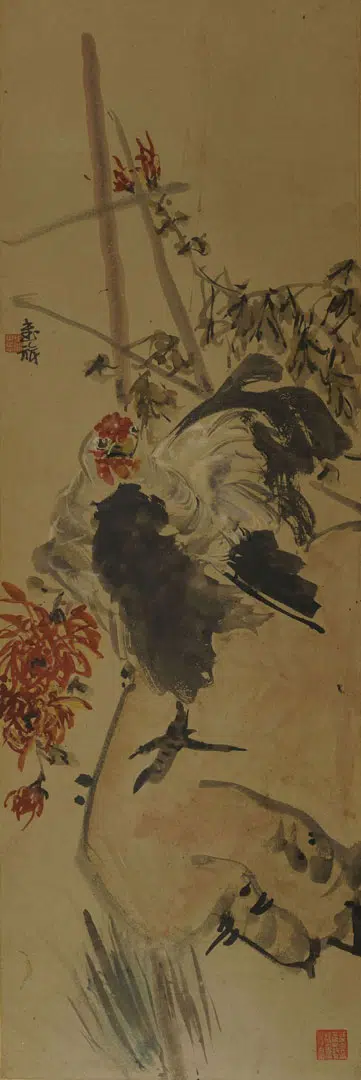 近现代【张书旂】《公鸡菊花图轴》