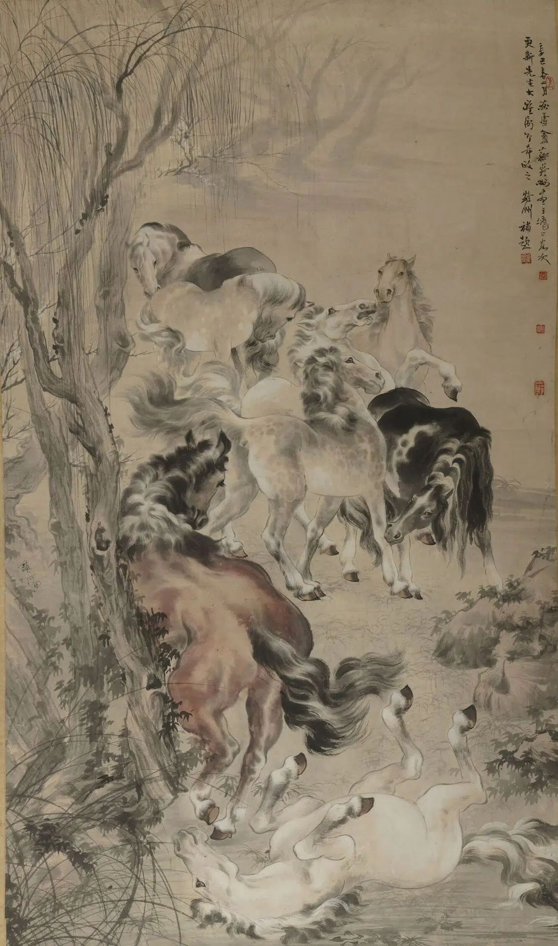 近现代【蔡鹤洲】《设色群马轴》