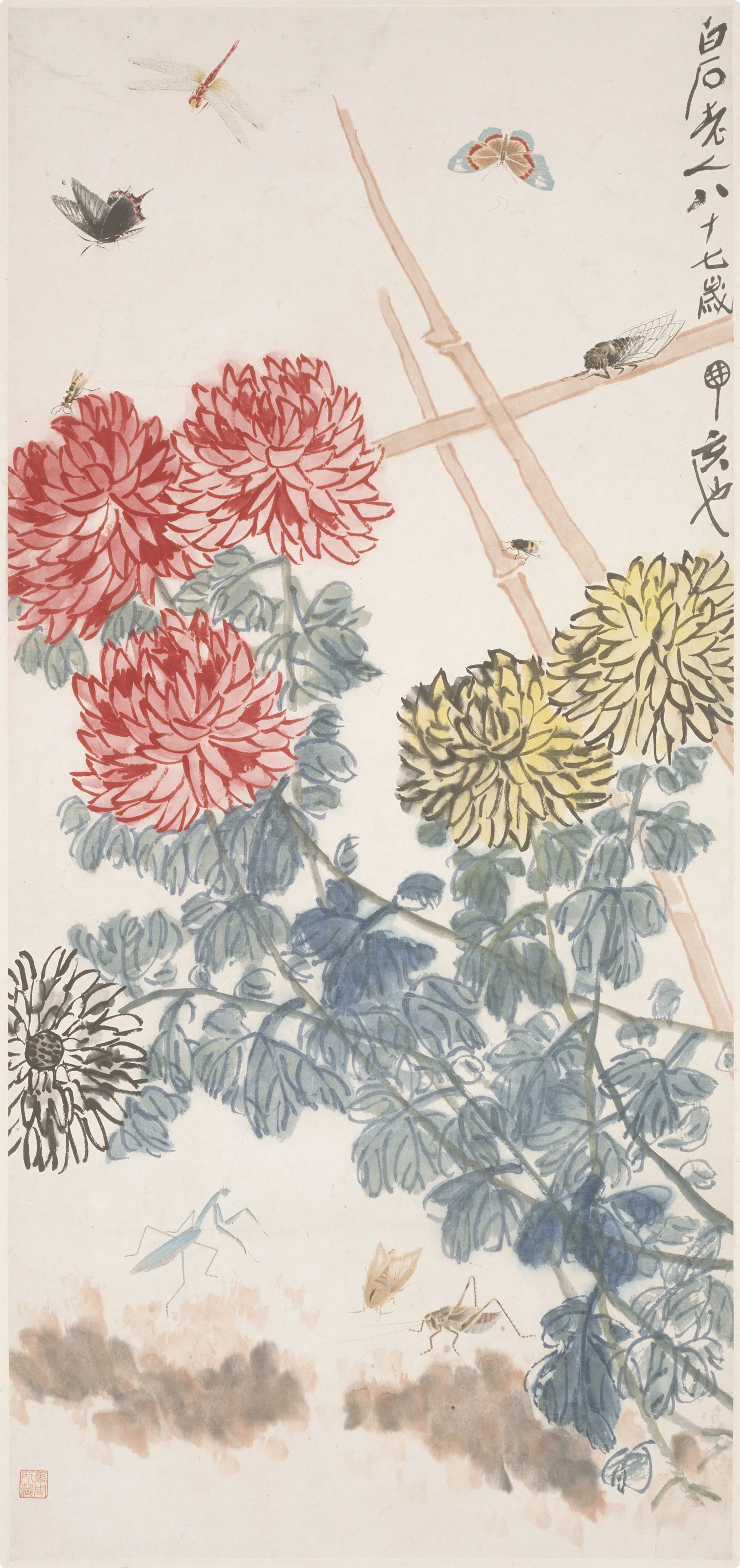 近现代【齐白石】《菊花草虫图轴》