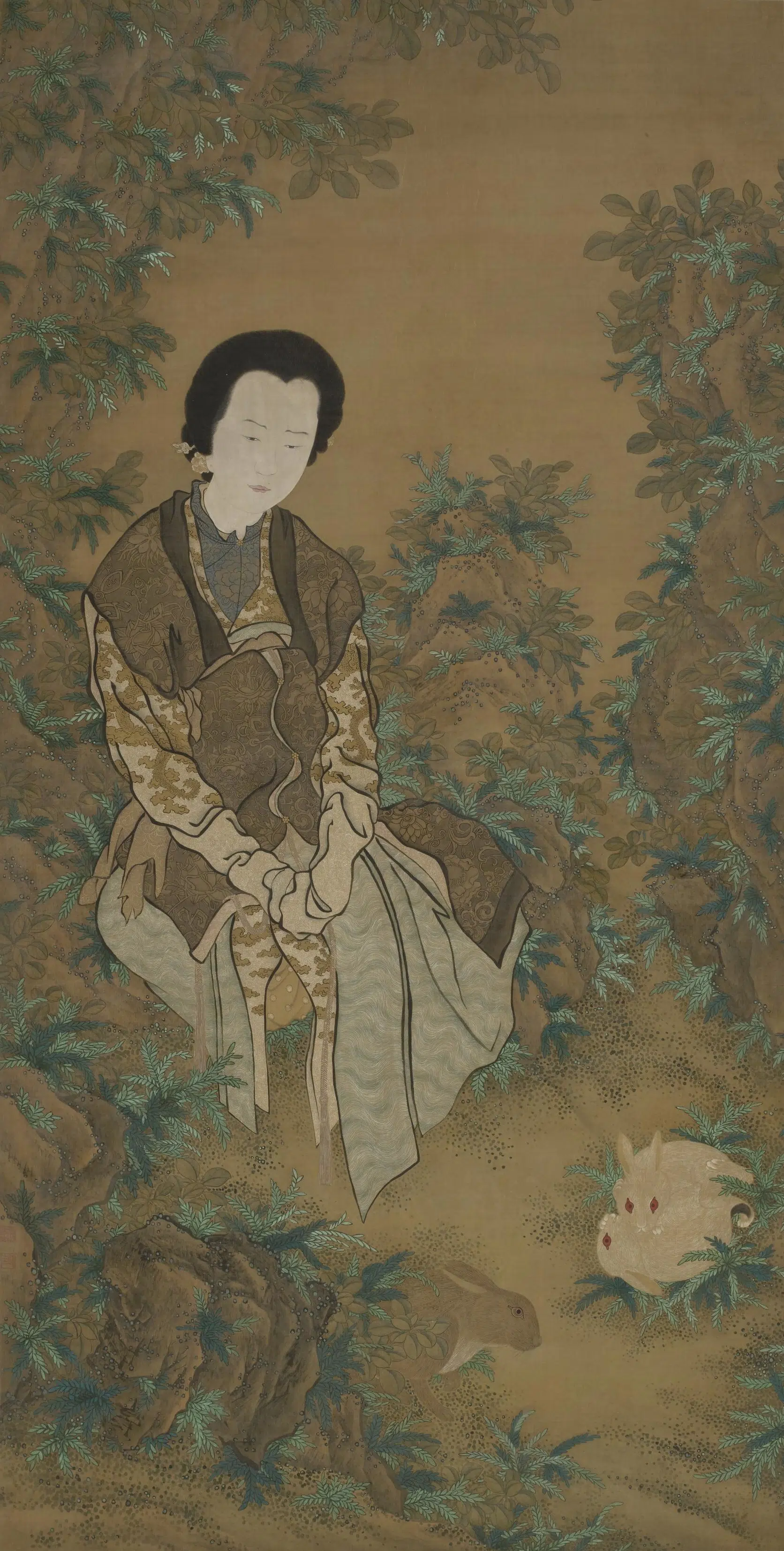 清代【禹之鼎】《仕女三兔图轴》