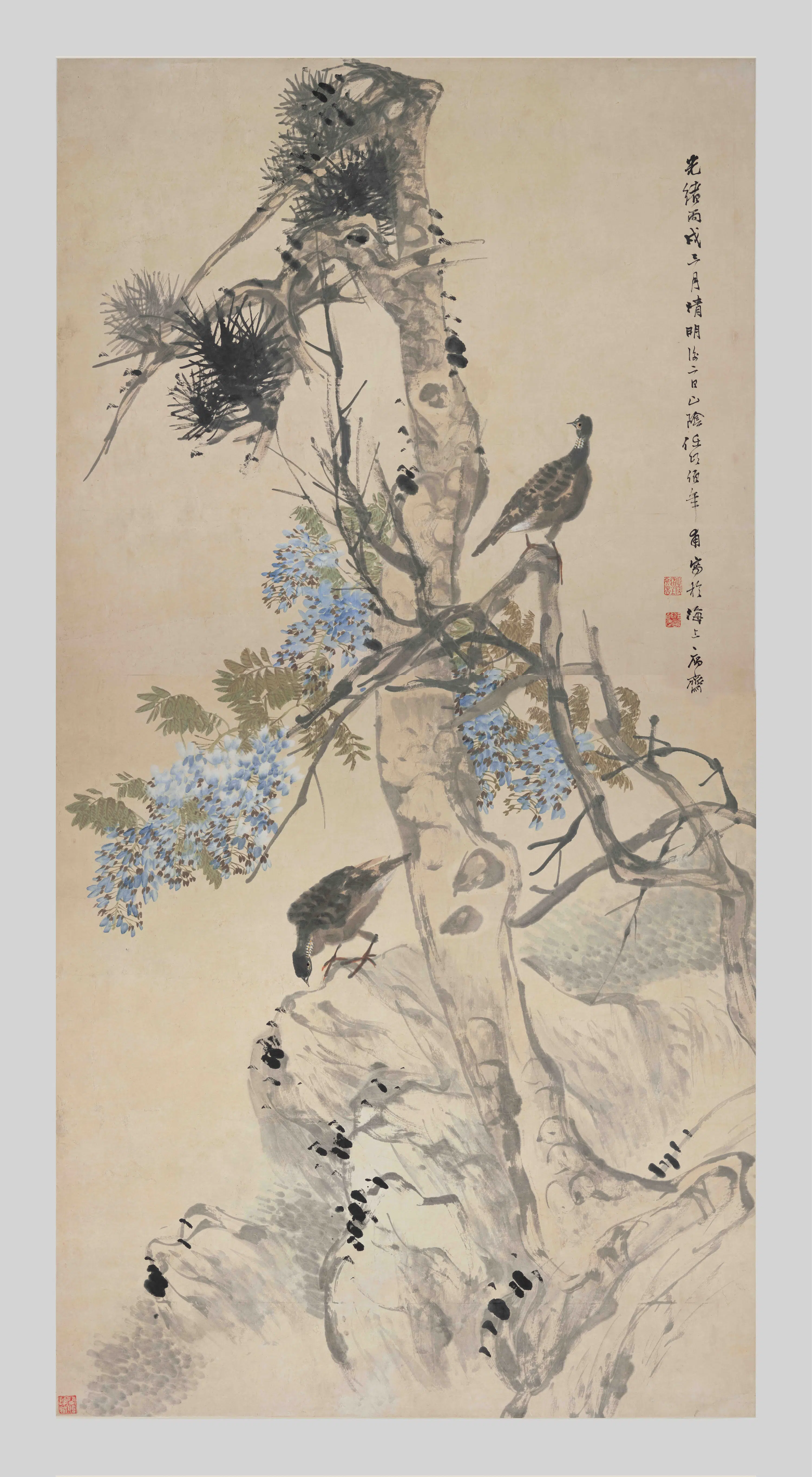 清代【任伯年（任颐）】《紫藤双鸠图轴》