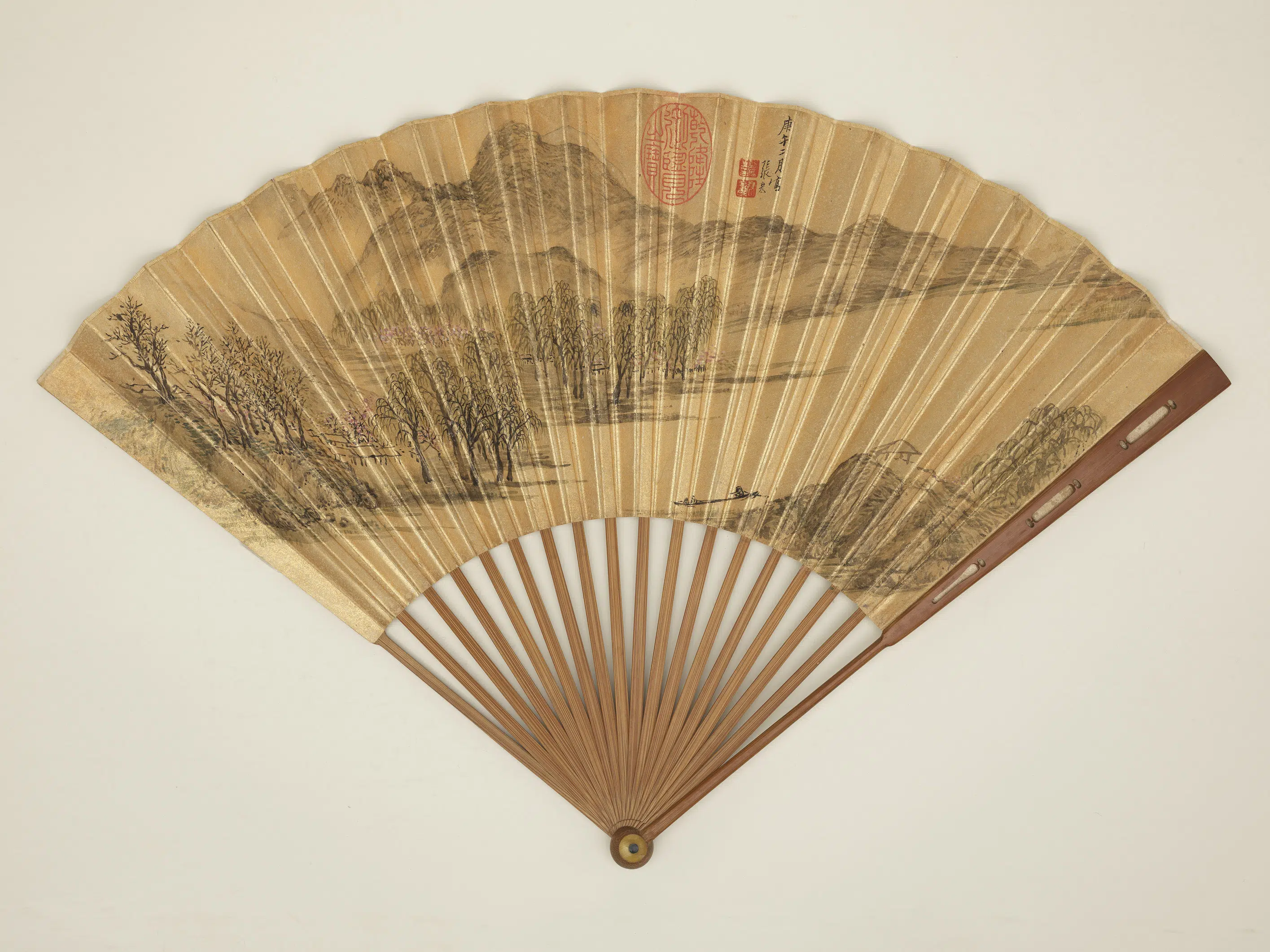 明朝【张宏】《画柳汀莲渚文震亨书五言律诗-成扇》