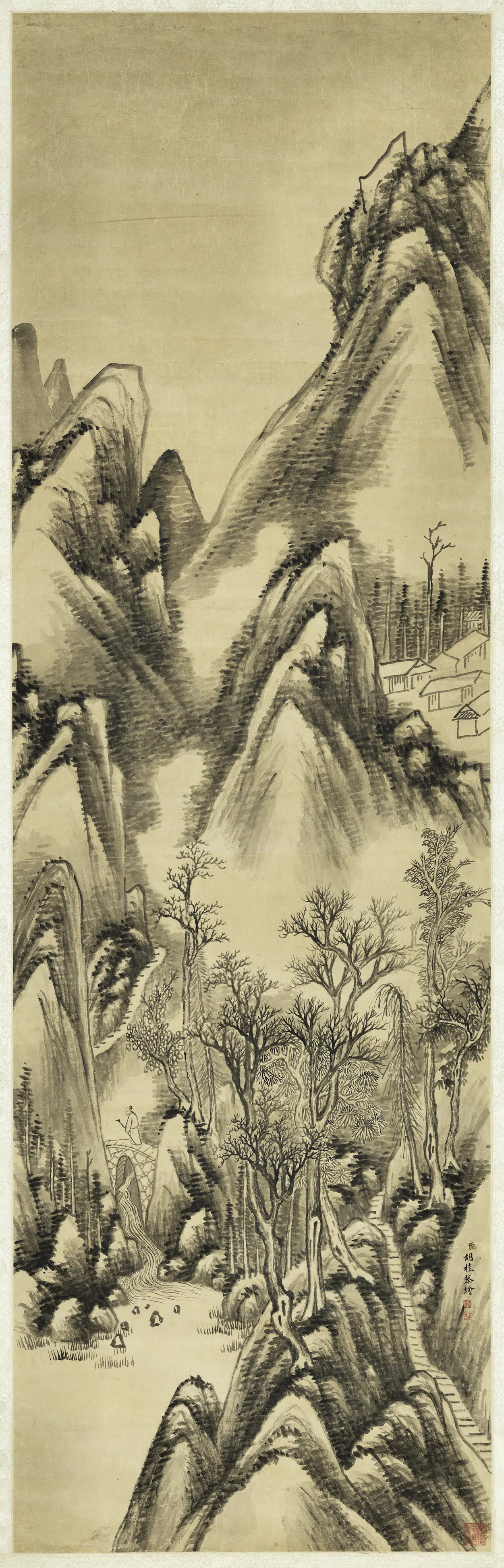 清代【胡桂】《倚杖听泉图轴》