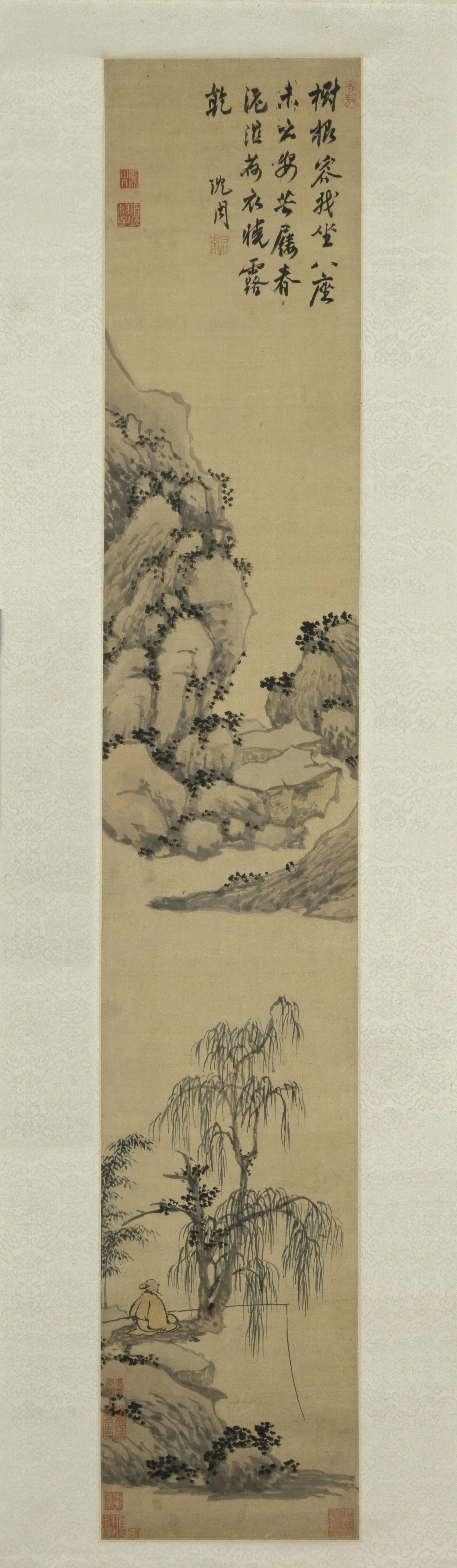 明朝【沈周】《柳荫坐钓图轴》