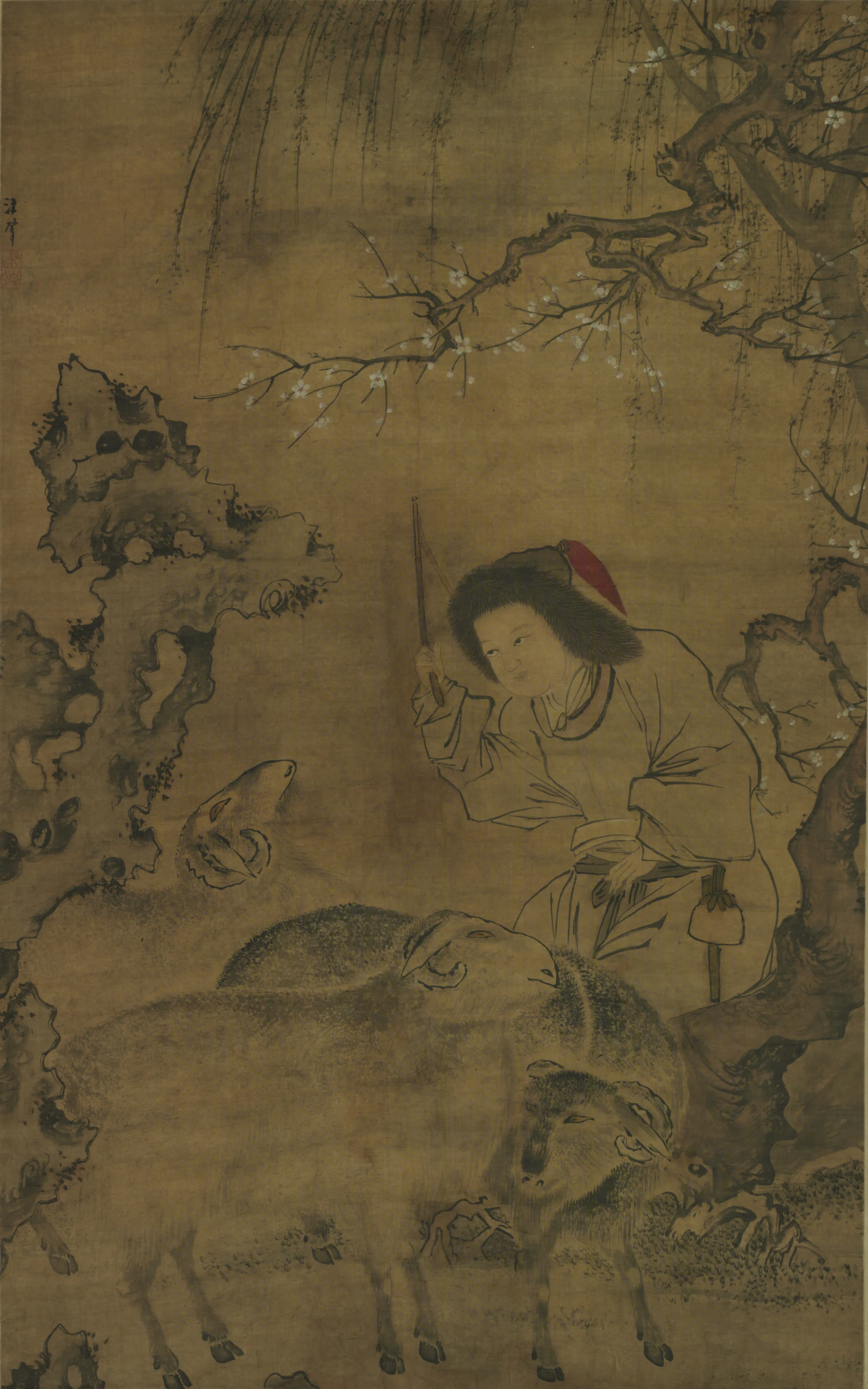 明朝【汪肇】《设色婴羊图轴》