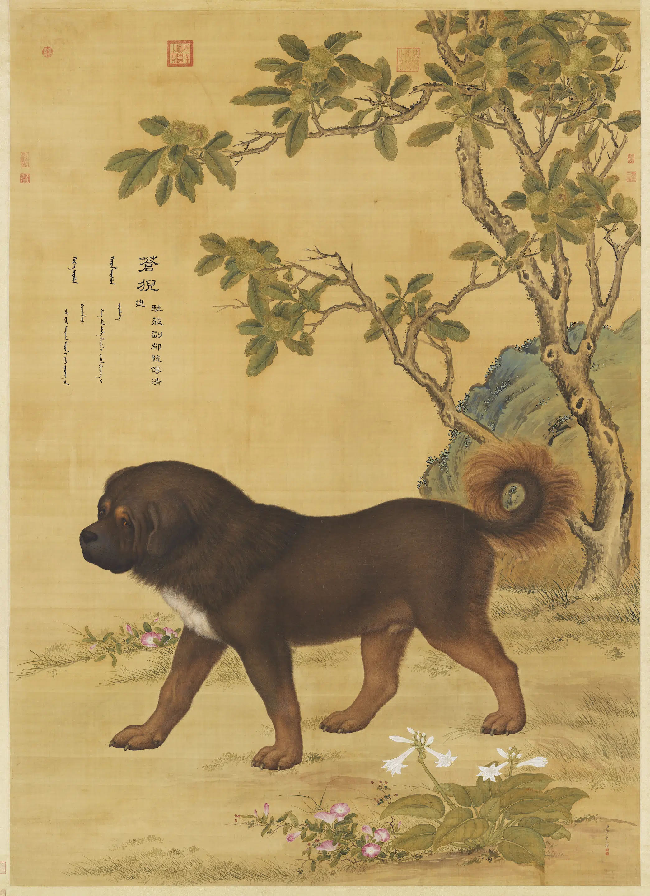 清代【郎世宁】《画十骏犬苍猊犬图轴》