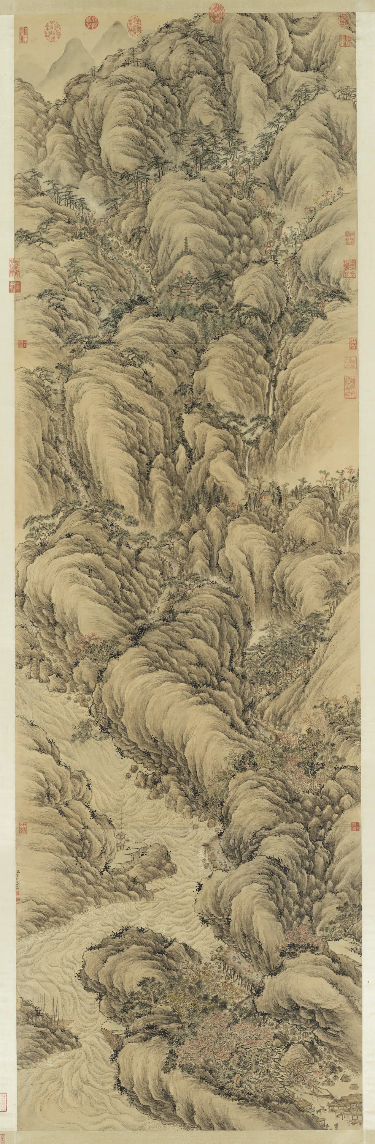 清代【董邦达】《江关行旅图轴》