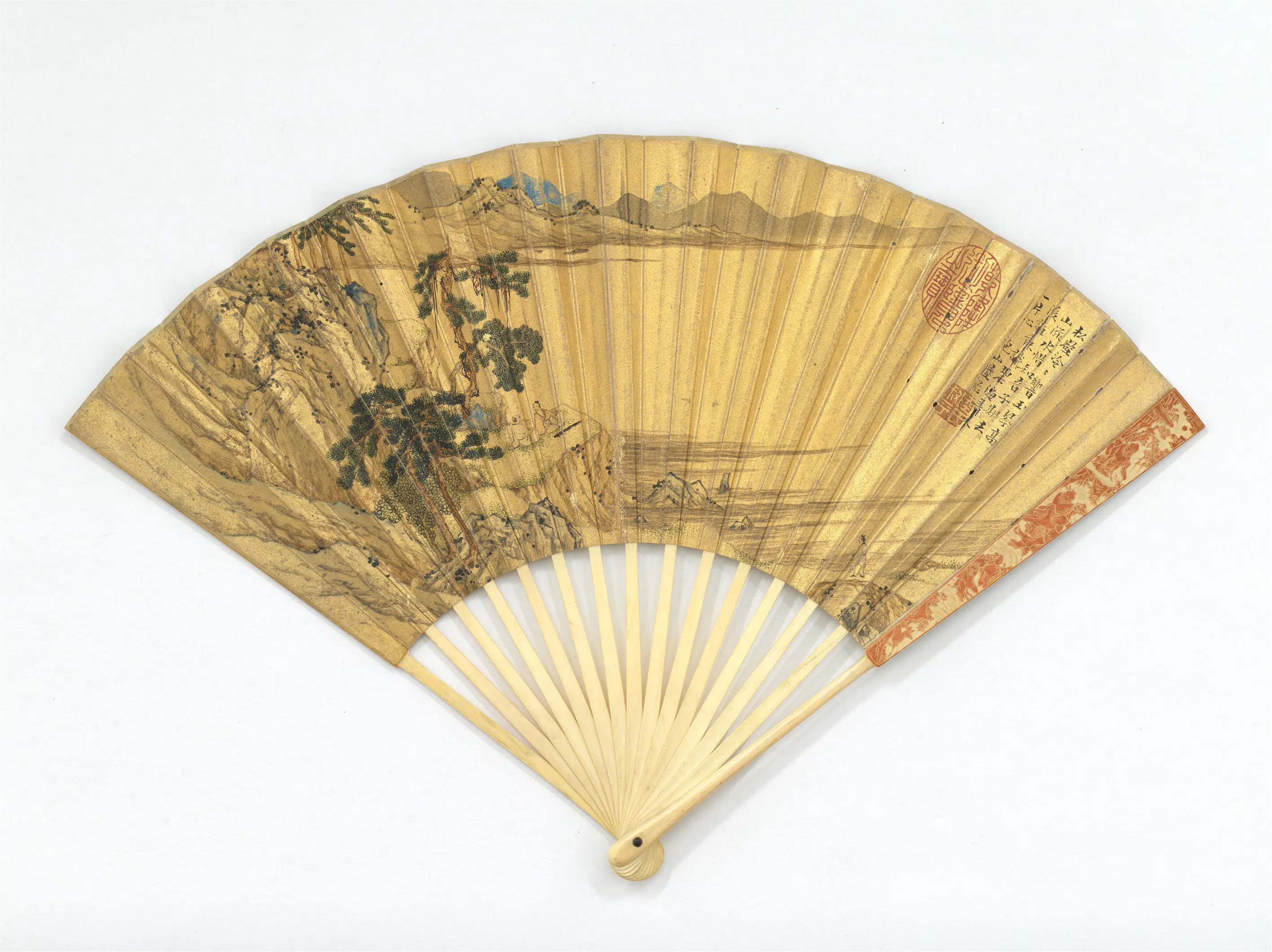 明朝【陆治】《画高山流水孙岳颁书五言律诗-成扇》