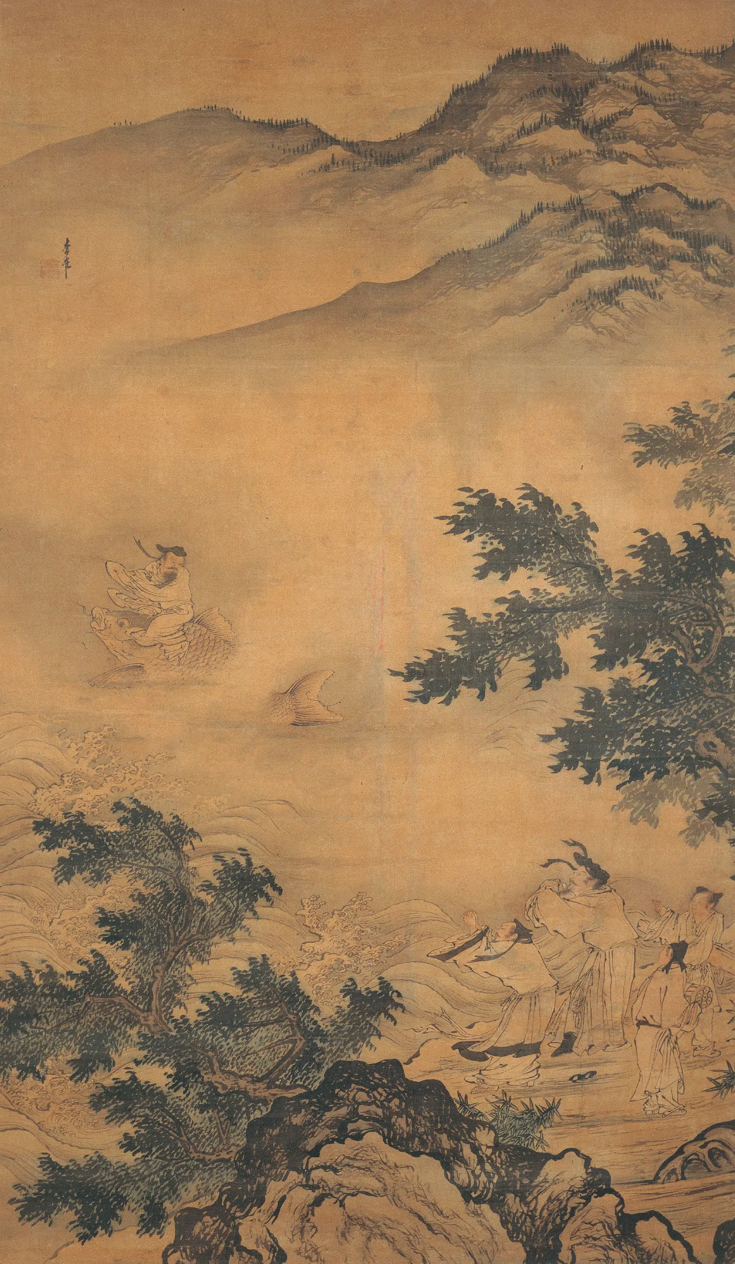 明朝【李在】《琴高乘鲤图轴》
