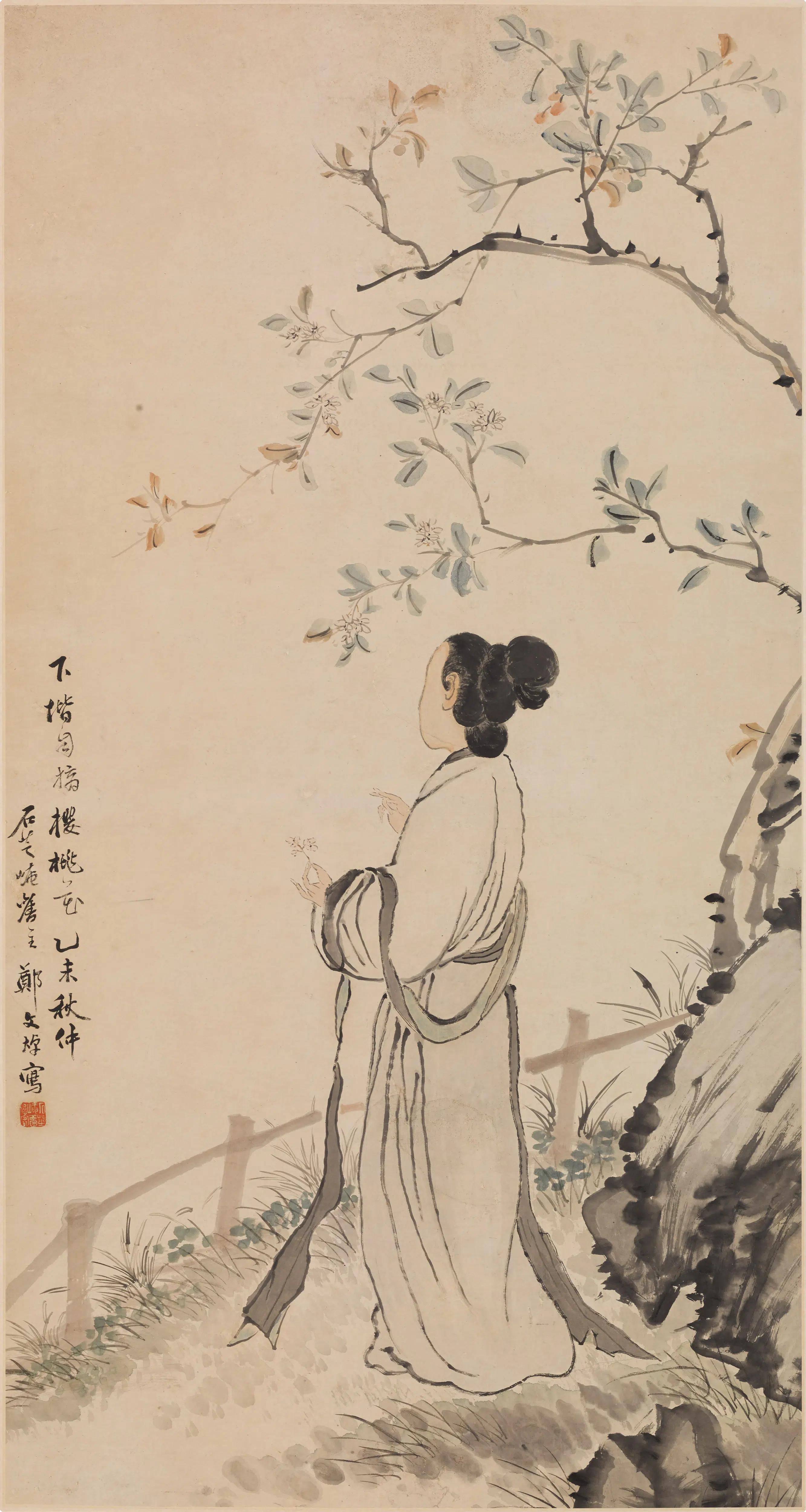 清代【郑文焯】《樱桃仕女图轴》