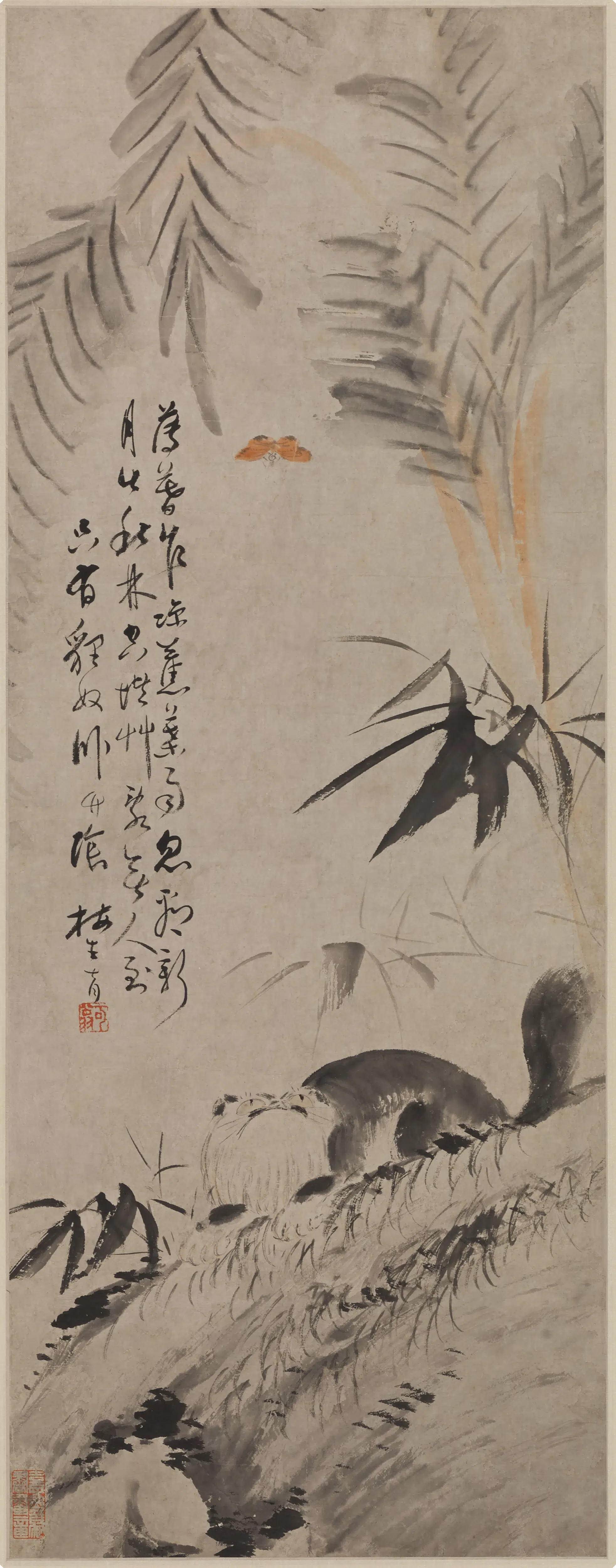 清代【李育】《猫蝶图轴》