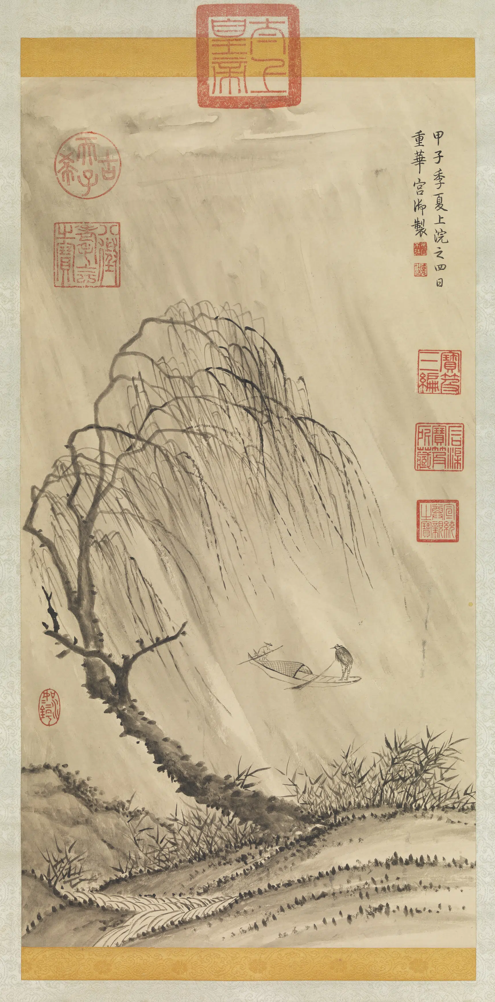清代【爱新觉罗弘历-乾隆-清高宗】《高宗御笔烟波钓艇图轴》