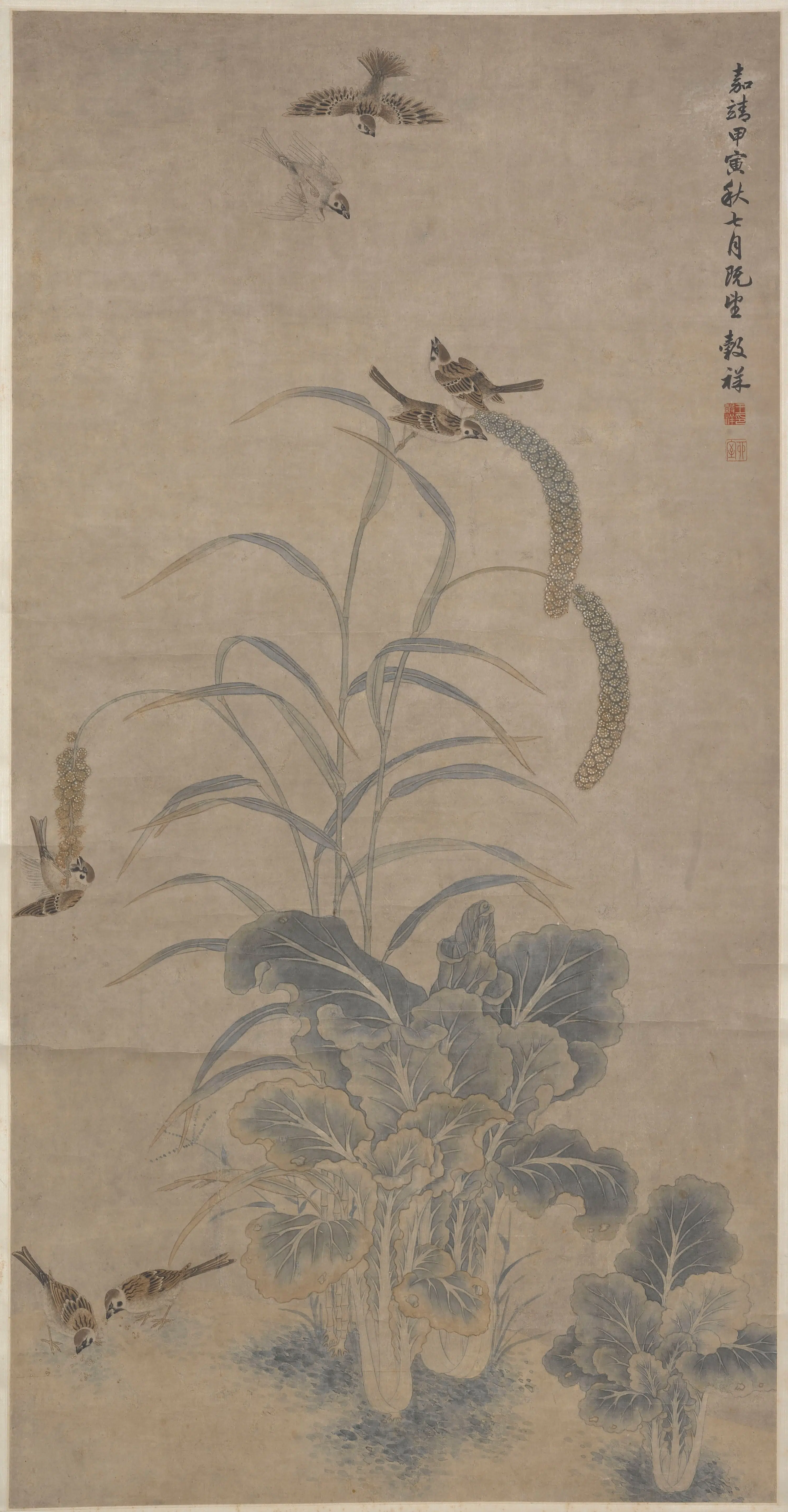 明代【王穀祥】《菜谷禽雀图》