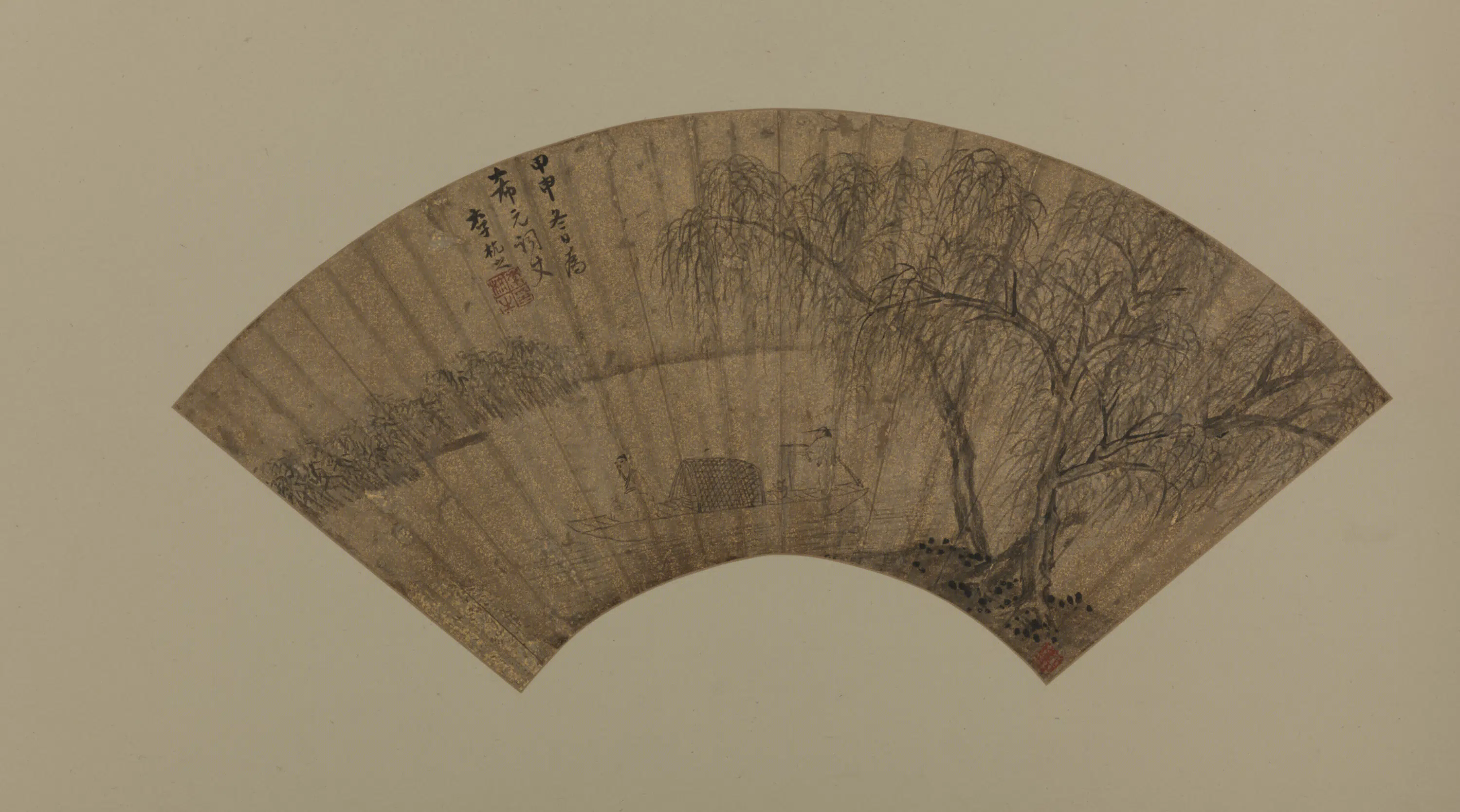 明朝【李杭之】《柳溪游艇扇面》