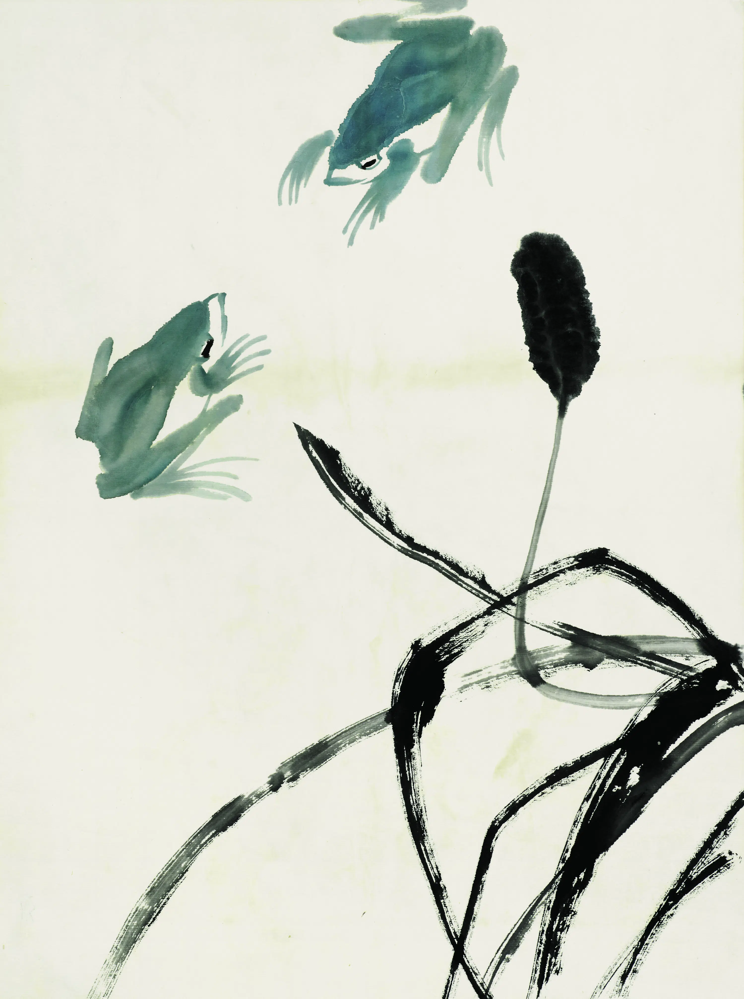 近现代【齐白石】《鱼虾册页之蛙蒲》 第1张