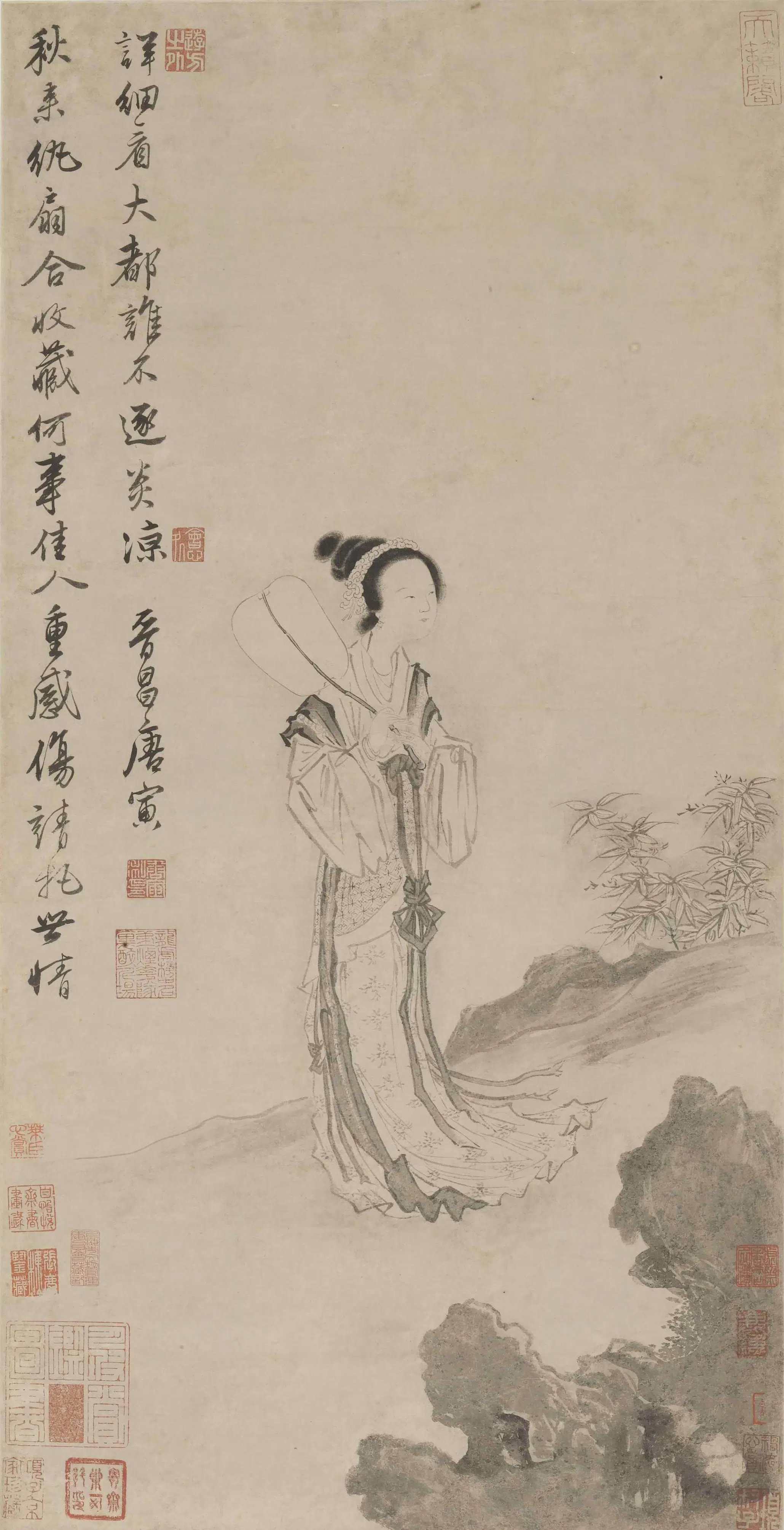 明朝【唐寅-伯虎】《秋风纨扇图轴》