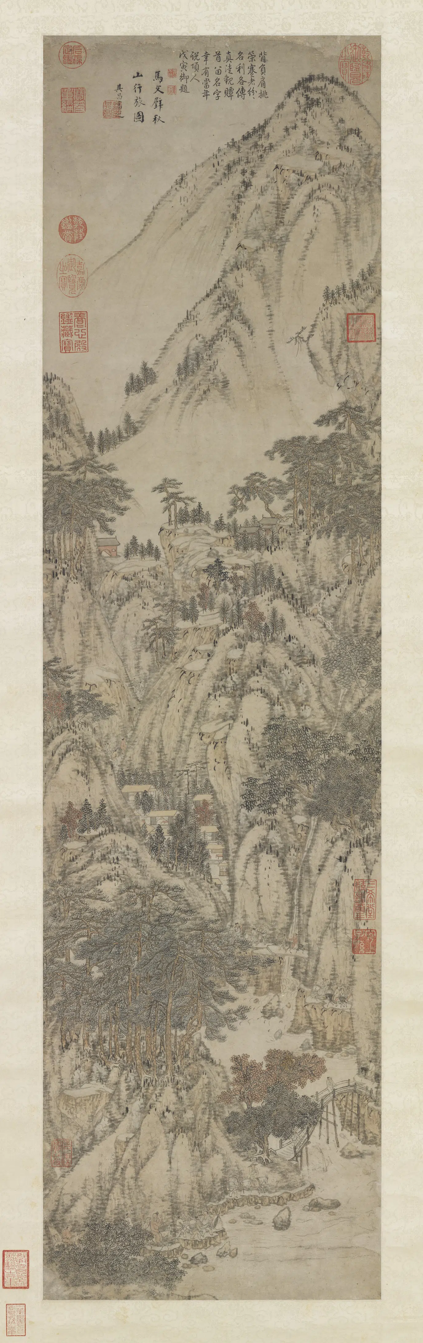 元代【马琬】《秋山行旅图轴》