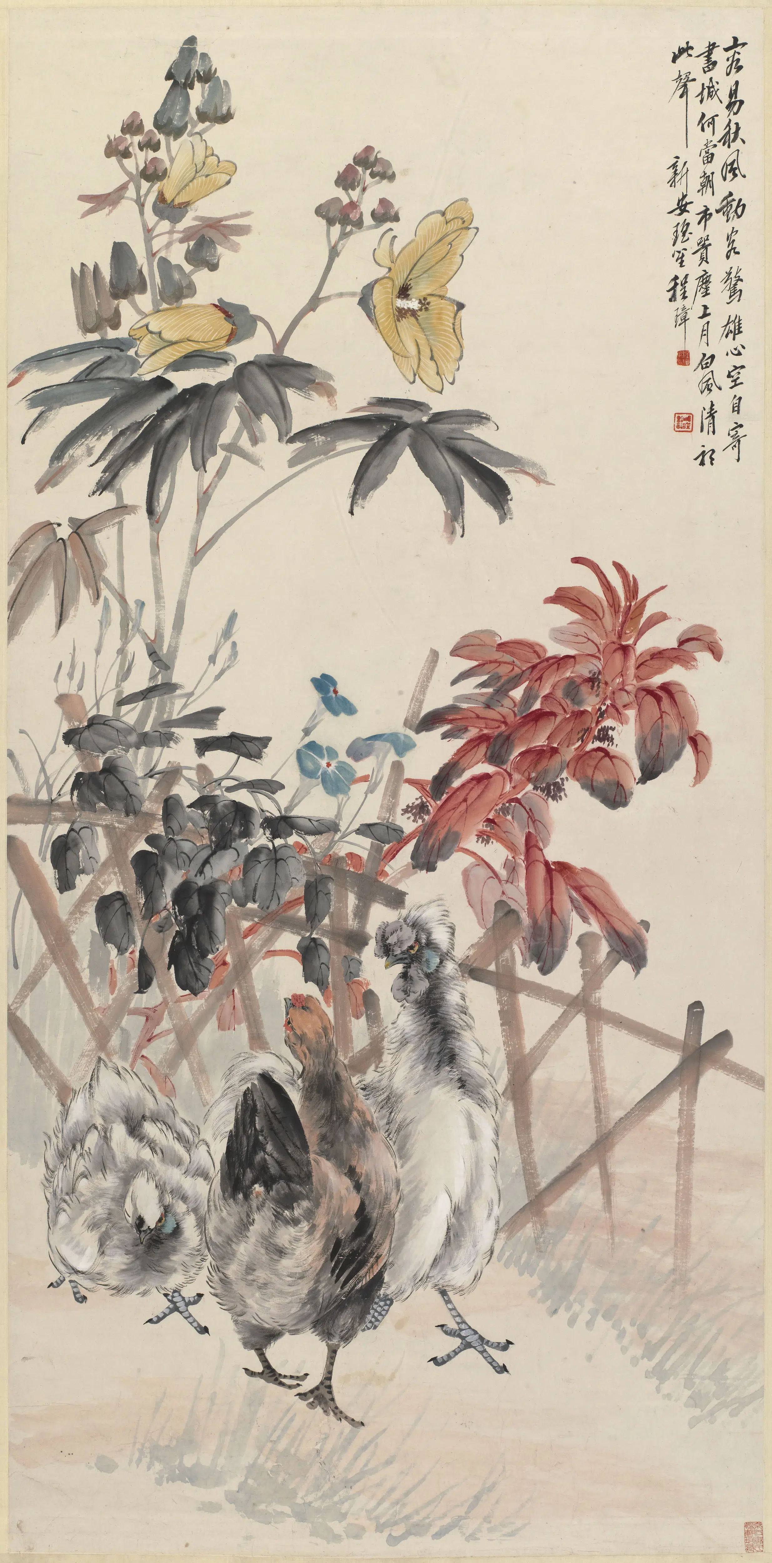 近现代【程璋】《秋花三鸡图轴》 第1张