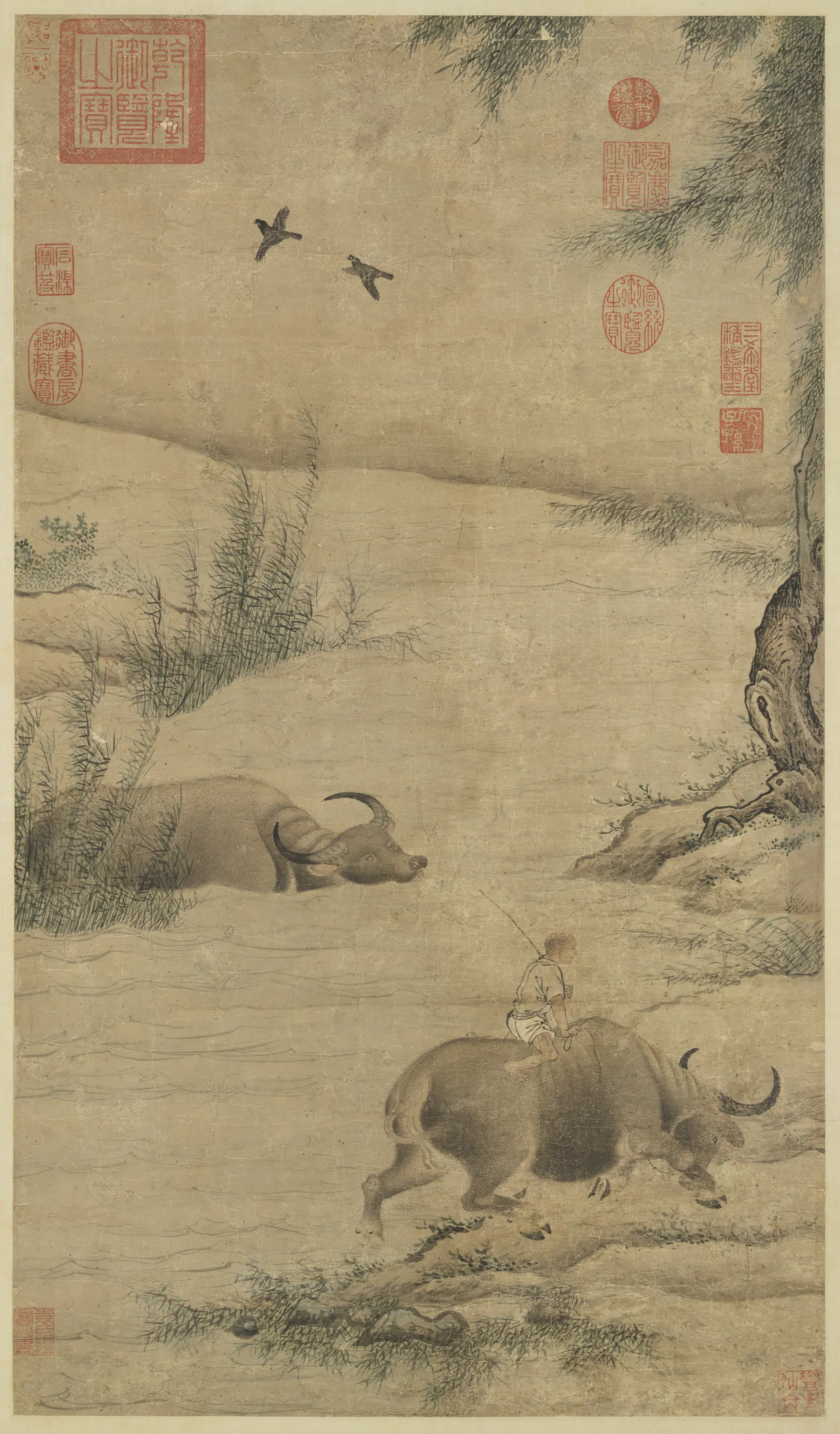 宋代《宋人溪晚牧图轴》