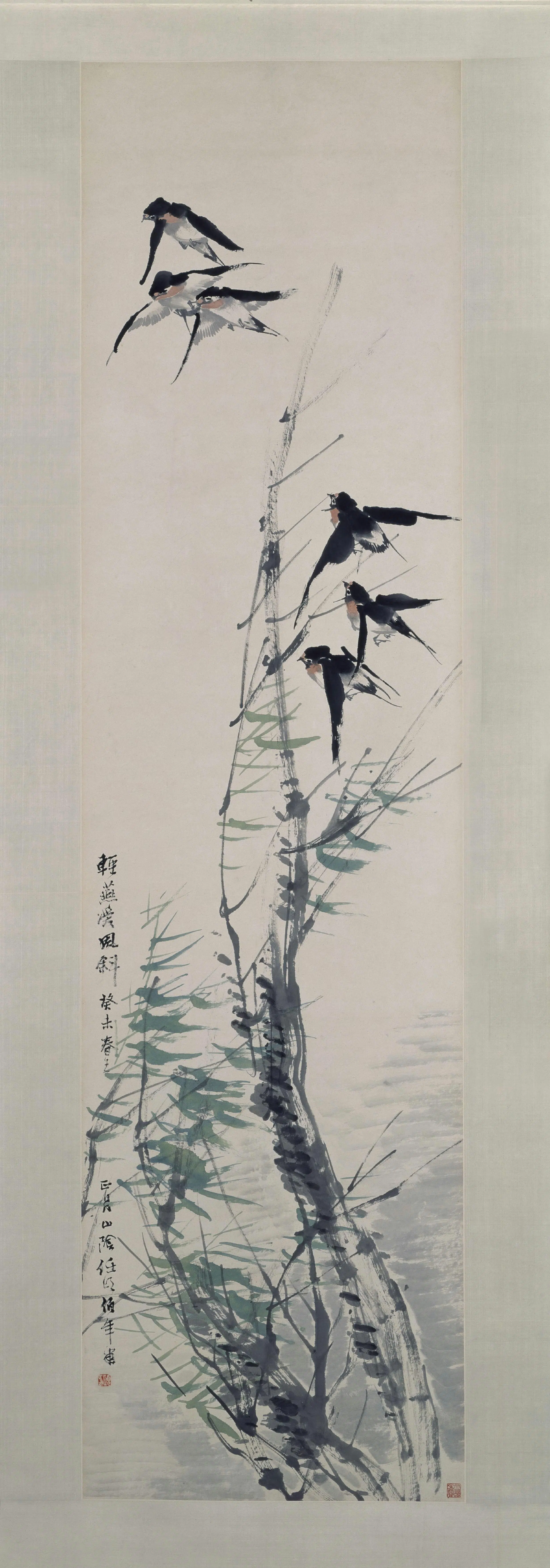 清代【任颐】《风柳群燕图轴》