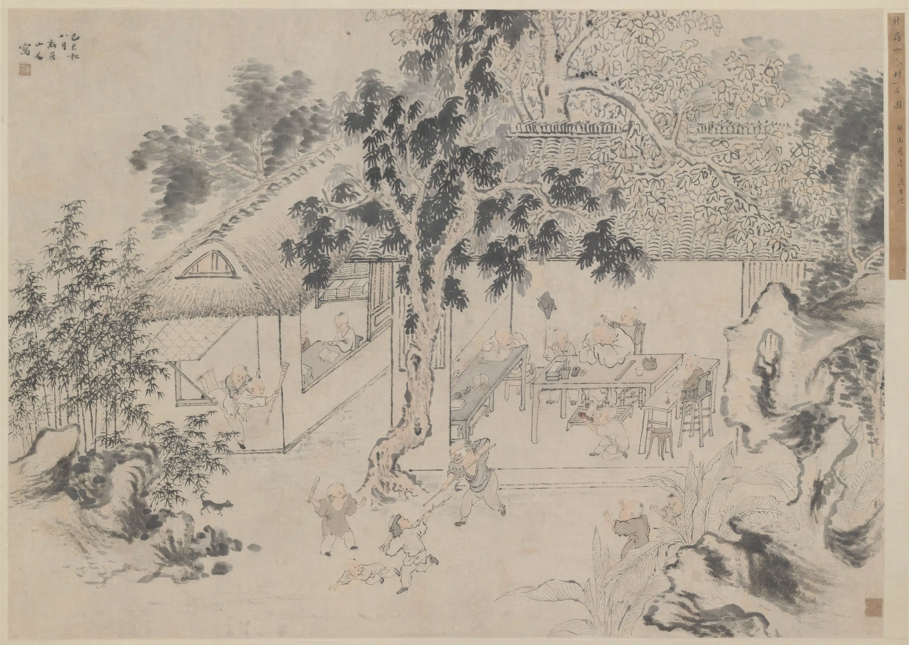 清代【华喦（华岩)】《村童闹学图轴》